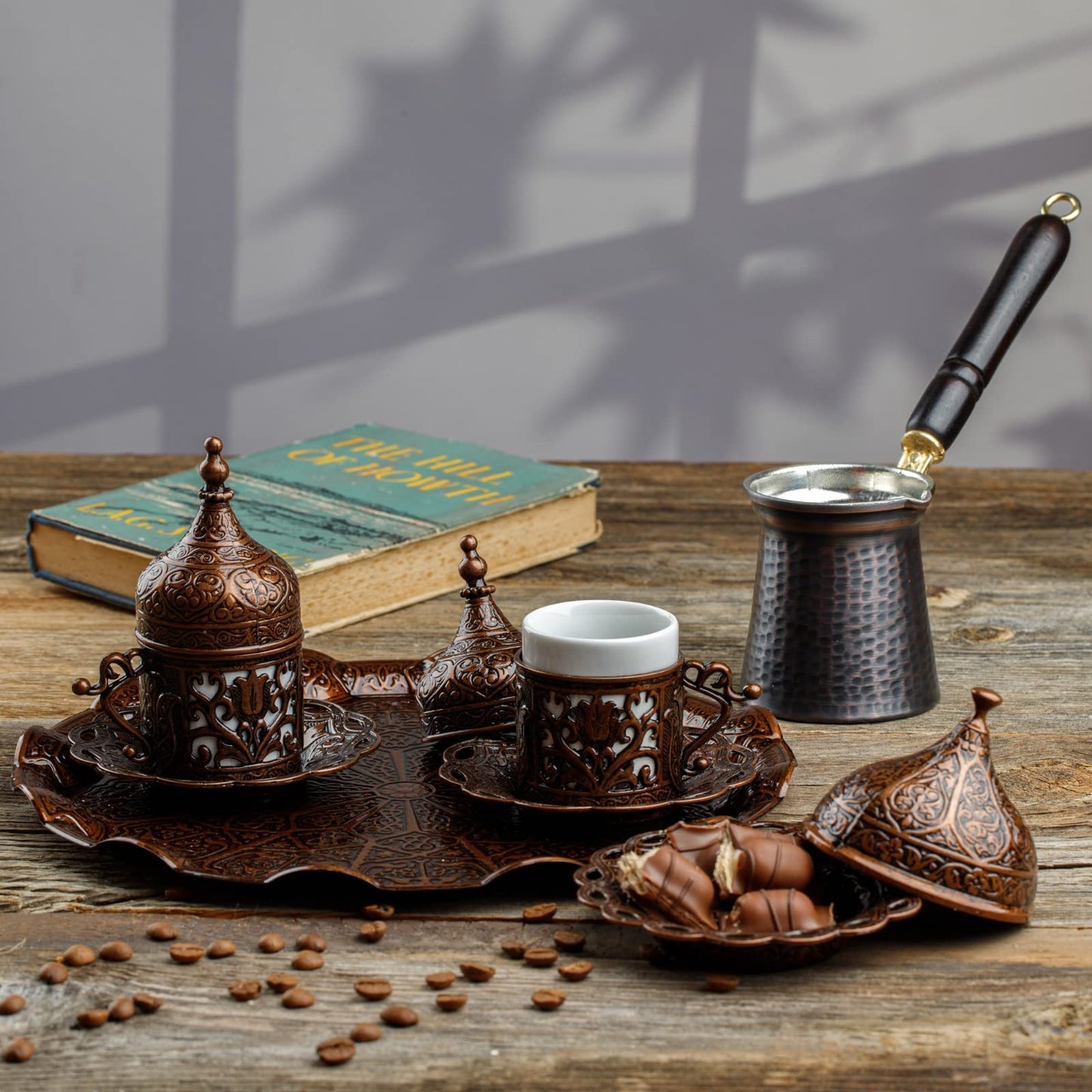 DEMMEX Turkish Greek Arabic Coffee Making and Serving Full Set with Cups, Saucers, Lids, Sugar Bowl, Tray and Antiqued Copper Coffee Pot, 12 Pcs (Chocolate)