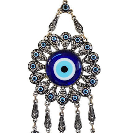 Erbulus Turkish Glass Blue Evil Eye Wall Hanging Ornament with Flower Design - Metal Home Decor - Turkish Nazar Bead Amulet - Protection and Good Luck Charm Gift in a Box
