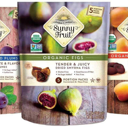 Sunny Fruit Organic Dried Fruit Assortment - Figs, Apricots, Dates, Mango, Cherries & Prunes Variety, 6 Bags (30 Individual Portion Packs) | NON-GMO, HALAL, KOSHER, NO PRESERVATIVES, NO SUGAR ADDED