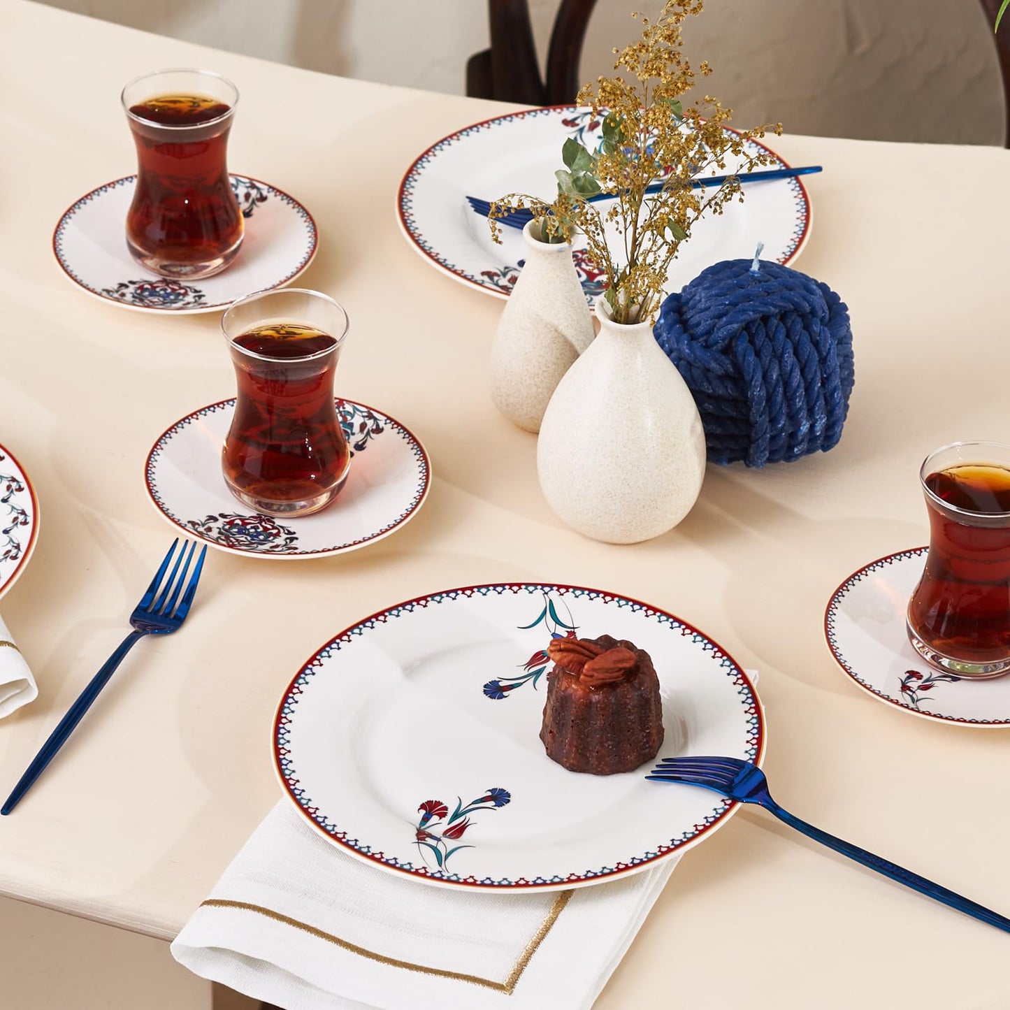 Karaca Nakkas Turkish Teacups & Appetizer Plate Set for 6 People - Colorful Dessert Plates (7.4"), Small Turkish Tea Glasses with Saucers - 18 Piece Glass Tea Cups & Porcelain Dish Set