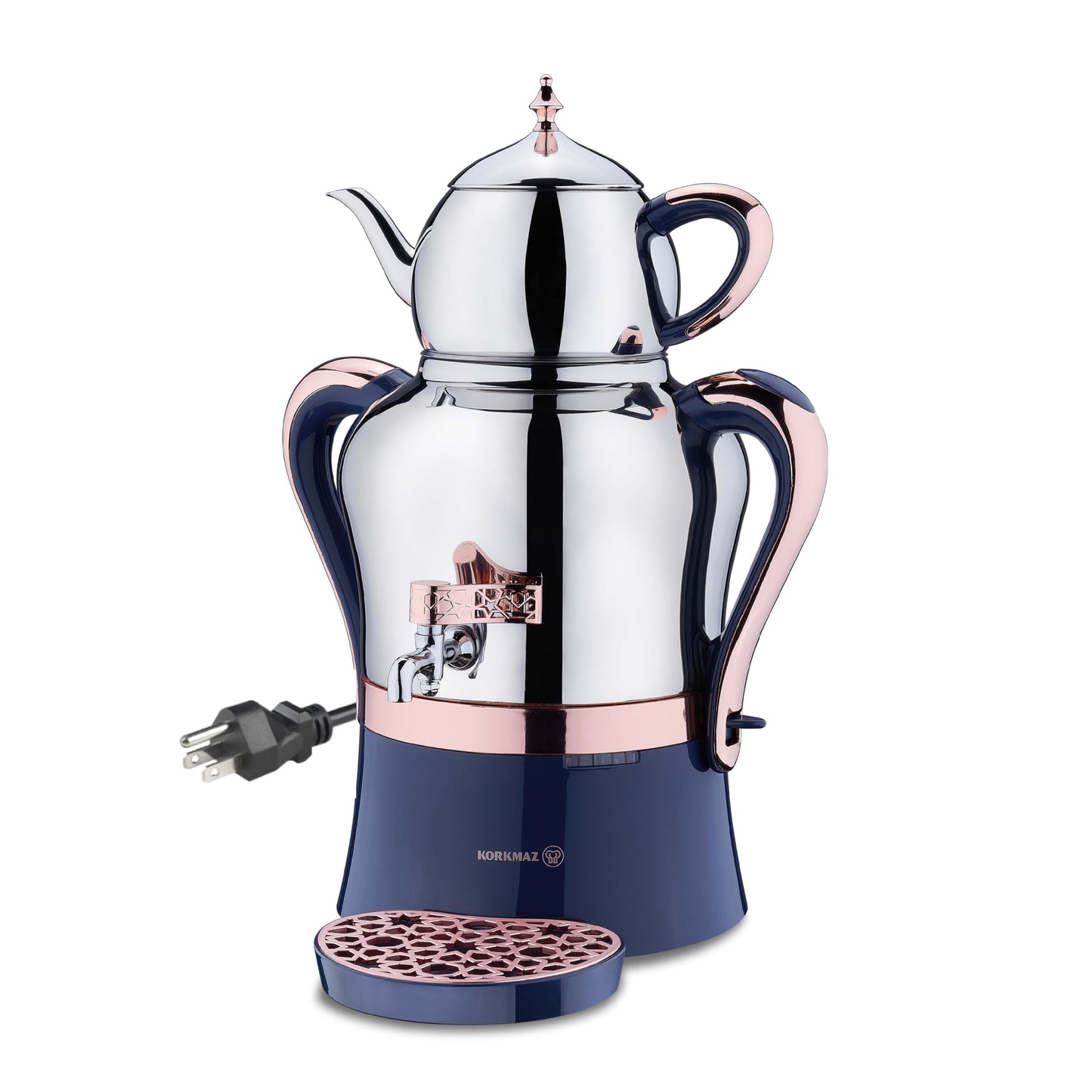 Korkmaz Hanedan A843-04 Stainless Steel Samovar, Upper Pot 1.3 L (43.9 Oz), Bottom Pot 3.5 L(118.3 Oz) Electric Turkish Tea Maker Set, Double Pots Tea Machine, Inox, Rosegold, 110 V US Plug, 5.1-Quart