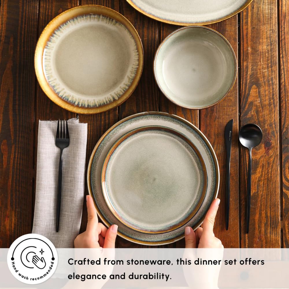 Karaca Earthy Stoneware Plates and Bowls Set, Reactive Glaze Dinner Set, Complete Kitchen Tableware Collection, Ideal Dinnerware for 12 People Dining Experience, Dishwasher Safe, 52 Piece