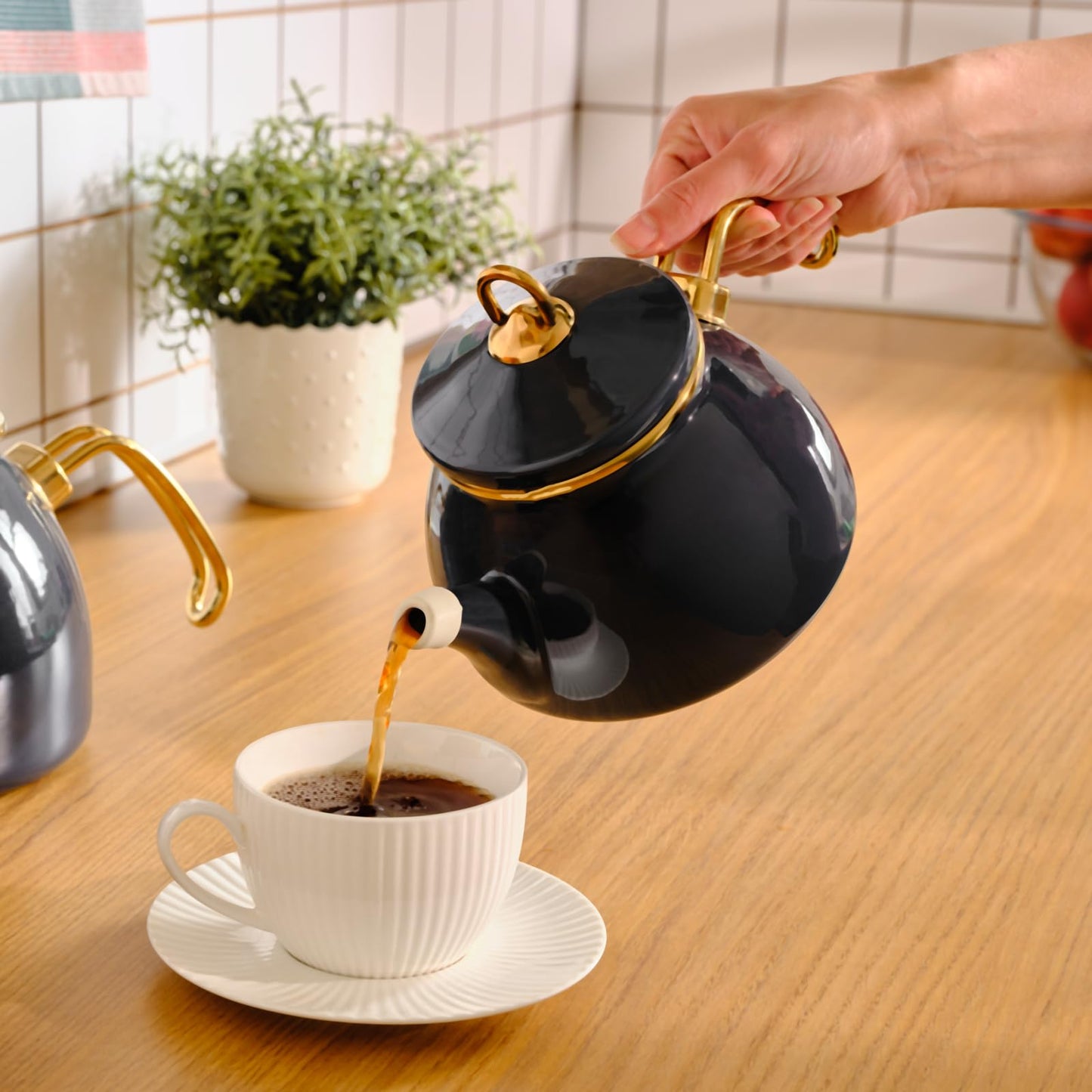 Karaca Retro Teapot Set Anthracite, Enamel, Teapot/Lid (1.1 lt, 2.4 lb), Tea Kettle (2.3 lt, 5 lb), Titanium Coated Handles, Suitable for Induction