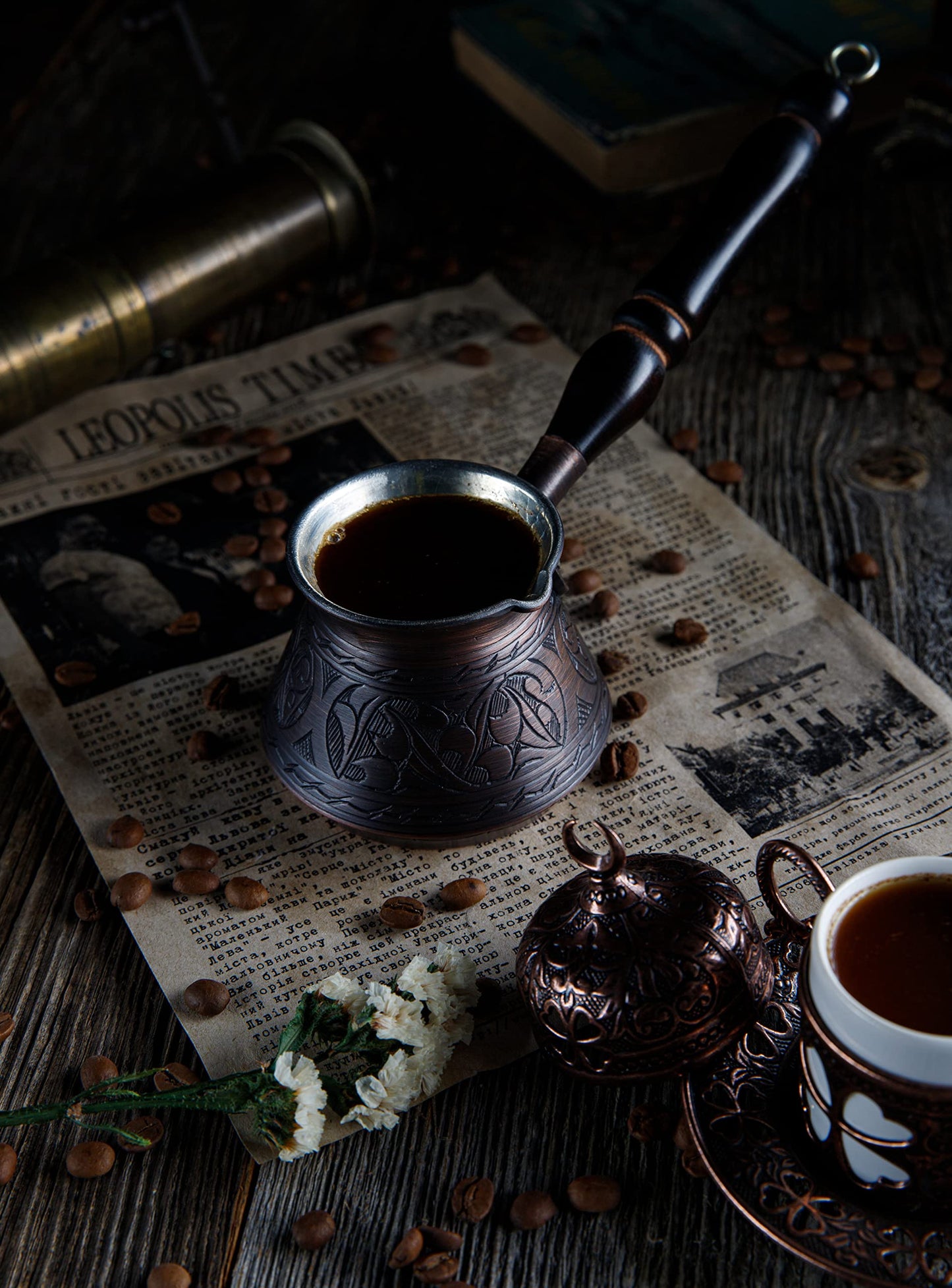 DEMMEX Thickest Engraved Solid Copper Turkish Coffee Pot – Stovetop Greek, Arabic Coffee Maker, Cezve, Ibrik, Briki – Wooden Handle & Spoon - Handmade in Turkey (Antique Copper, 9 fl Oz (3ppl))