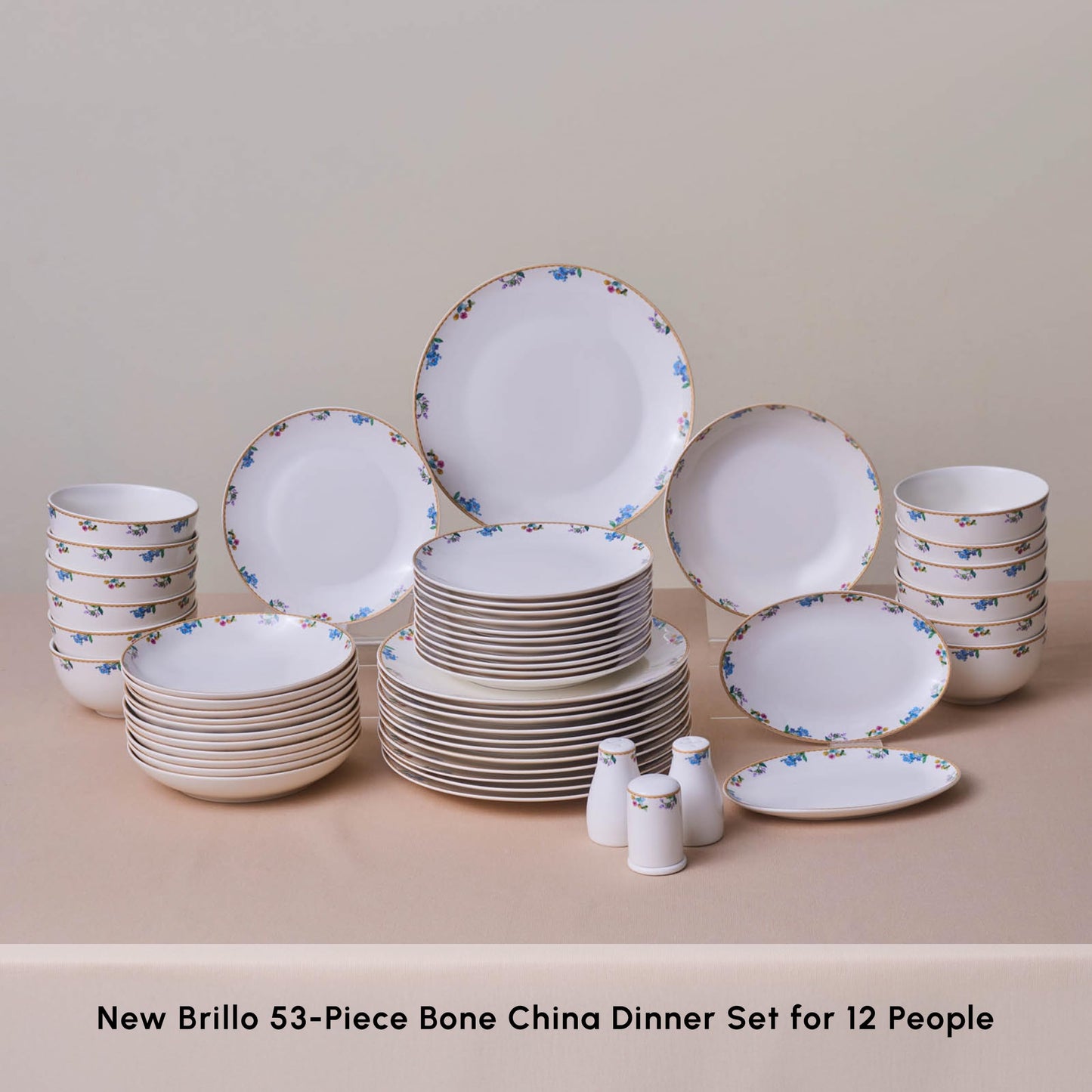 Karaca New Brillo Dinnerware Sets for 12 People, Modern Design, New Bone China Dinner Set, Kitchen Plates Bowls Set with Serving Plates, Salt & Pepper Shakers, Toothpick Holder, 53-Piece
