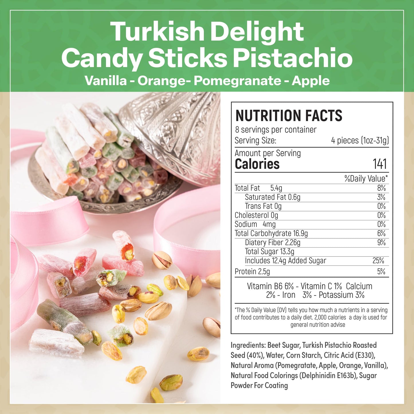 Eastanbul Turkish Delight, 8.8oz, Turkish Delights Candy Sticks Pistachio Filled w/ 4 Flavors: Apple, Orange, Pomegranate, Vanilla, International Candy, Wick Lokum, Vegan Gift