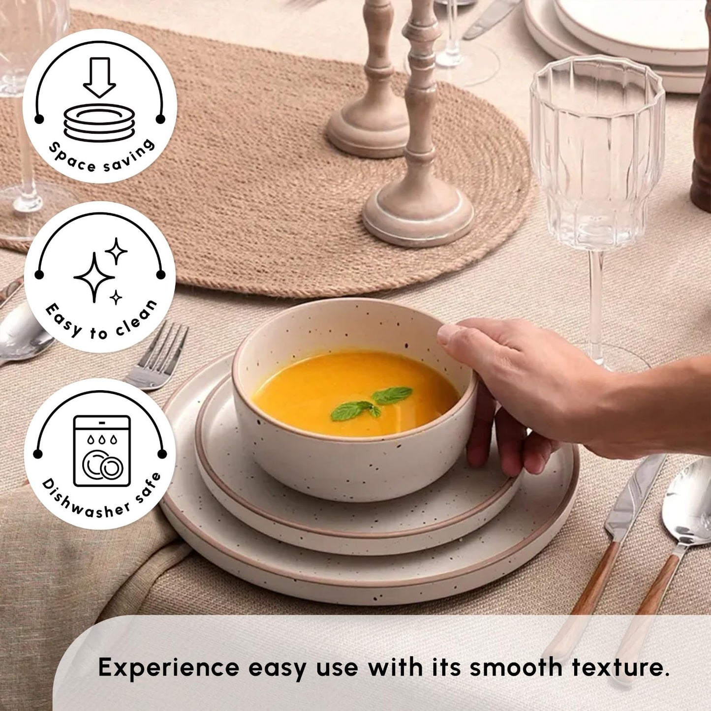 Karaca Chicago Dot Stoneware Dinnerware Set for 6 People - 18-Piece Modern & Unique Dishware Sets - Plate Sets with Dinner Plate, Side Plate, Bowl - Dishwasher & Microwave Safe - Beige