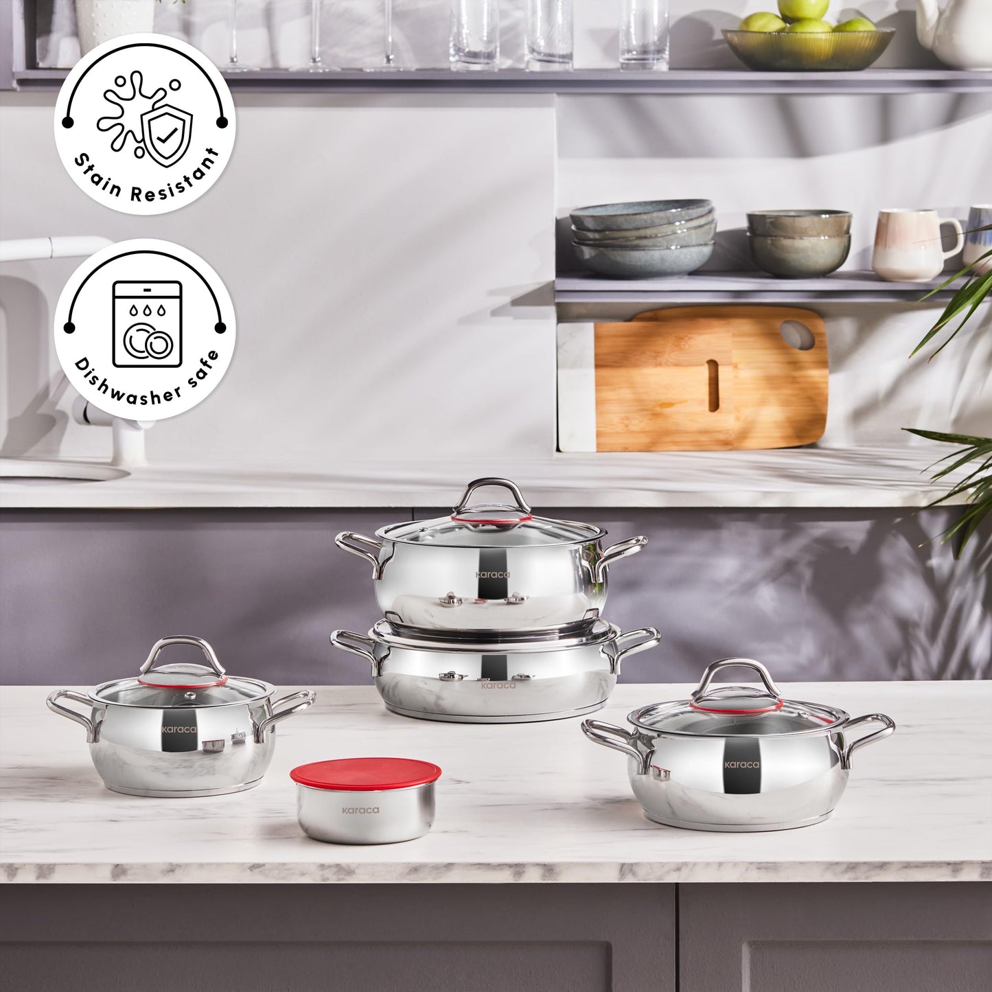 KARACA Stainless Steel Cookware Emirgan XL Set of 10 Piece, Pot, Deep Pot, Casserole, Container with Lid, Easy to Use Stylish Handles, Heat Resistant Cover, Essential Kitchen Accessory