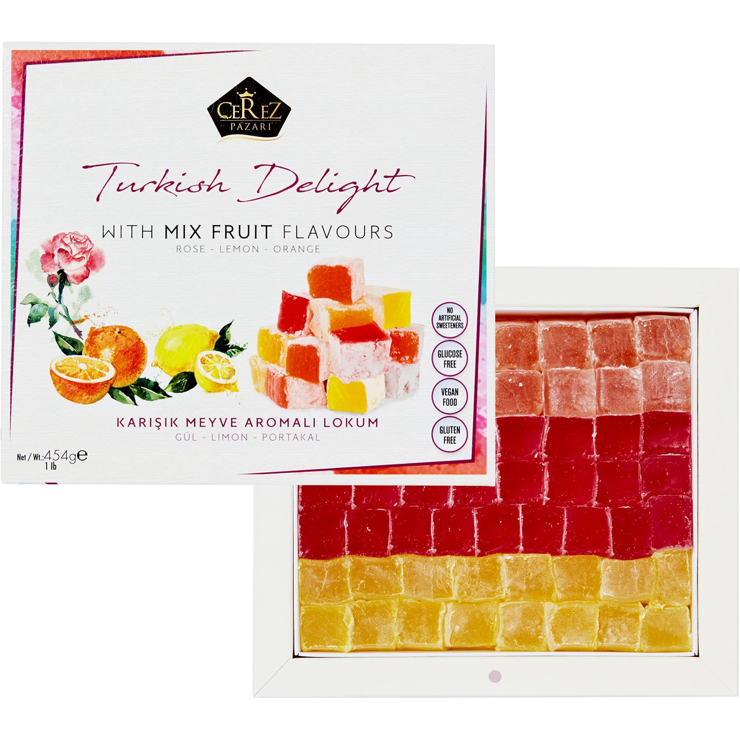 Cerez Pazari Turkish Delight With Rose, Orange, & Lemon Flavors, Gourmet Medium Size Snacks Gift Box, Traditional Confectionery Loukoumi, Vegan Candy Dessert Lokum, No Nuts, 16 oz.