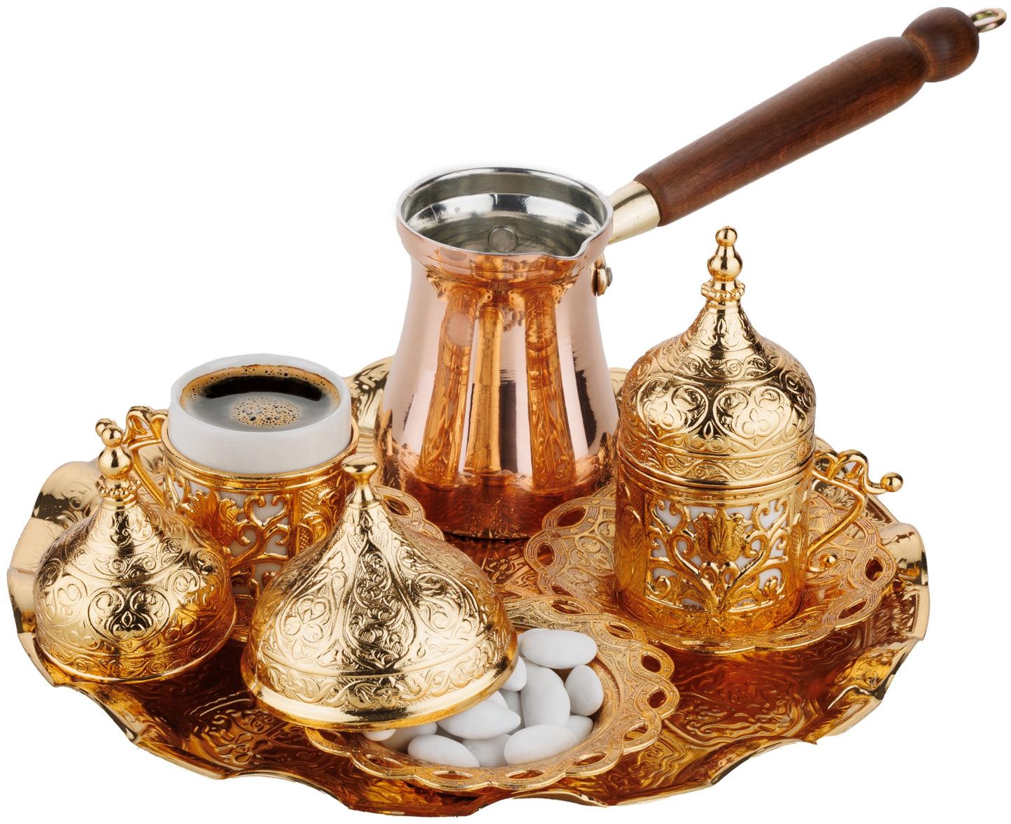 DEMMEX Turkish Greek Arabic Coffee Making and Serving Full Set with Cups Saucers Lids Sugar Bowl Tray and Copper Coffee Pot, 12 Pcs (Gold)