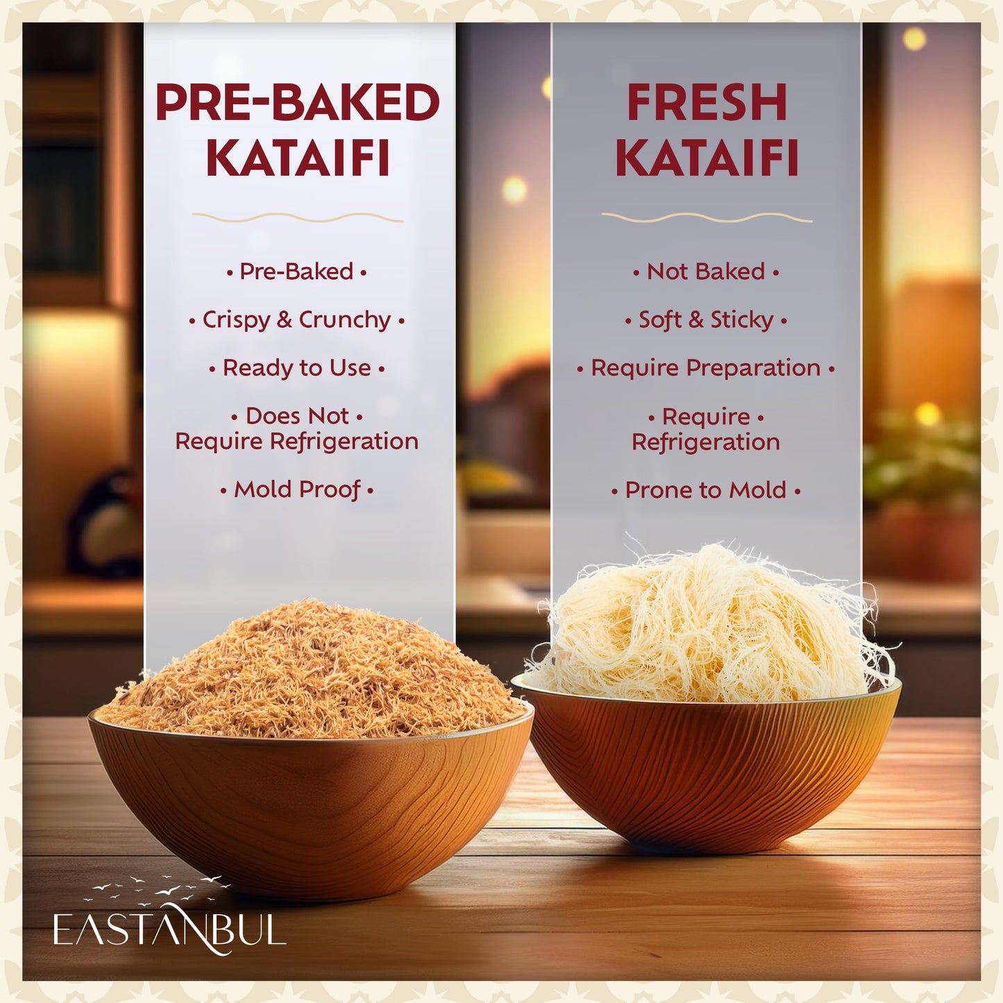 Eastanbul Baked & Shedded Kataifi for Milk Pudding, Crushed Kataifi, Shredded Fillo Dough, Katifi Muhallebi Kadaifi Sprinkles Katafi Topping, Kadayif Pastry Dough for Dubai Chocolate, 250g (8.8oz)