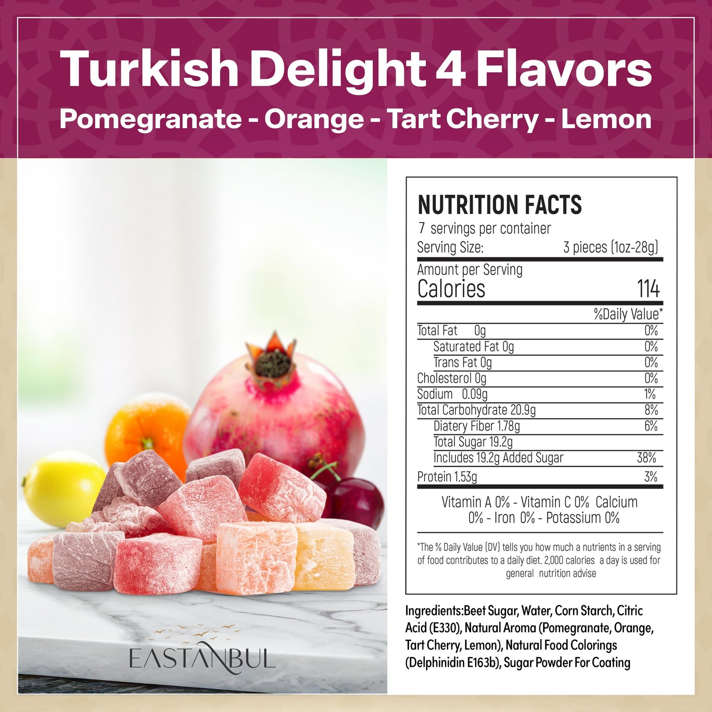 Eastanbul Turkish Delight Candy 10.5oz, 4 Flavors Pomegranate, Orange, Tart Cherry, & Lemon Turkish Delights Assorted, Foreign Candy of Turkish Lokum, Turkish Delight Plain, International Candy Box, Mother's Day Gift