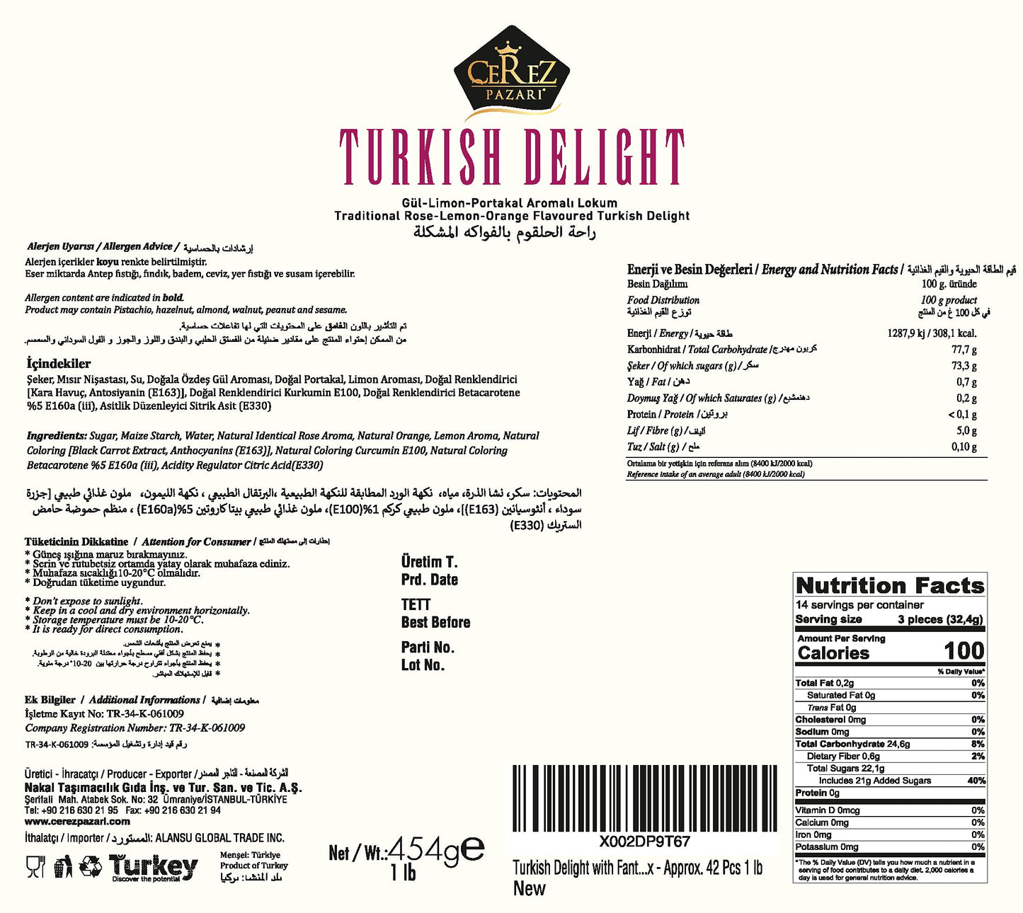 Cerez Pazari Turkish Delight With Rose, Orange, & Lemon Flavors, Gourmet Medium Size Snacks Gift Box, Traditional Confectionery Loukoumi, Vegan Candy Dessert Lokum, No Nuts, 16 oz.