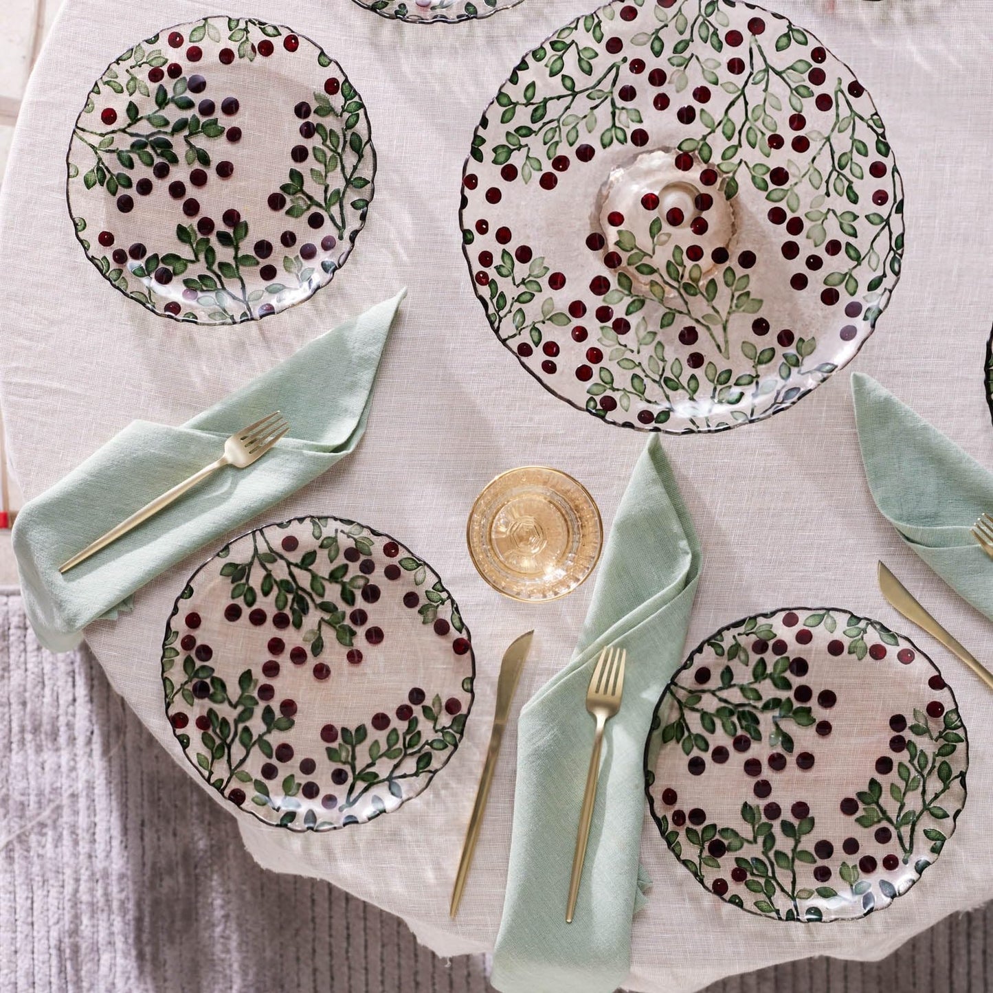 KARACA Berry 11" Cake Stand and Dessert Plates Set for 6 People - Glass, Round & Berry Pattern - Large Side Plates for Tea Party - Ideal for Serving Cupcakes, Donuts, and More (7 Pieces)