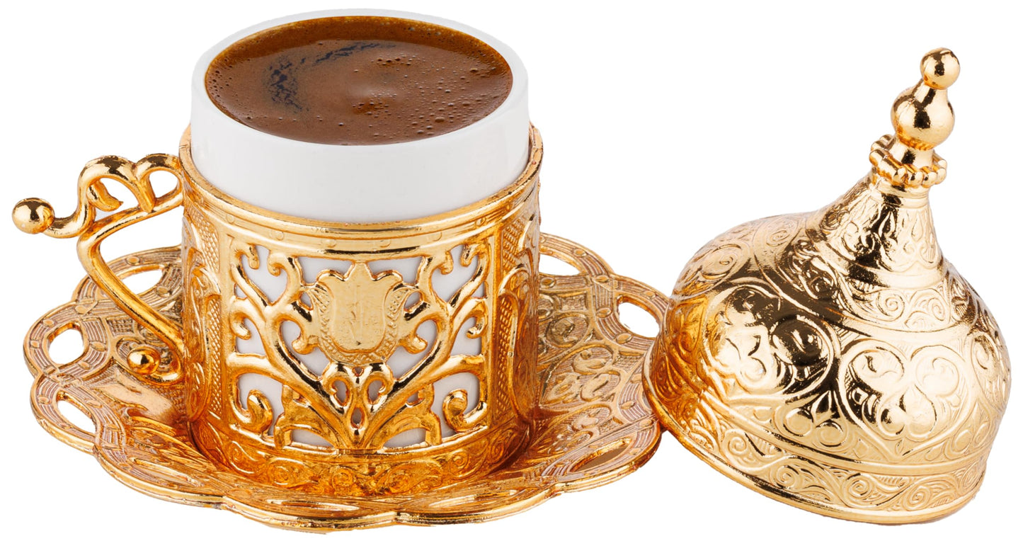 DEMMEX Turkish Greek Arabic Coffee Making and Serving Full Set with Cups Saucers Lids Sugar Bowl Tray and Copper Coffee Pot, 12 Pcs (Gold)