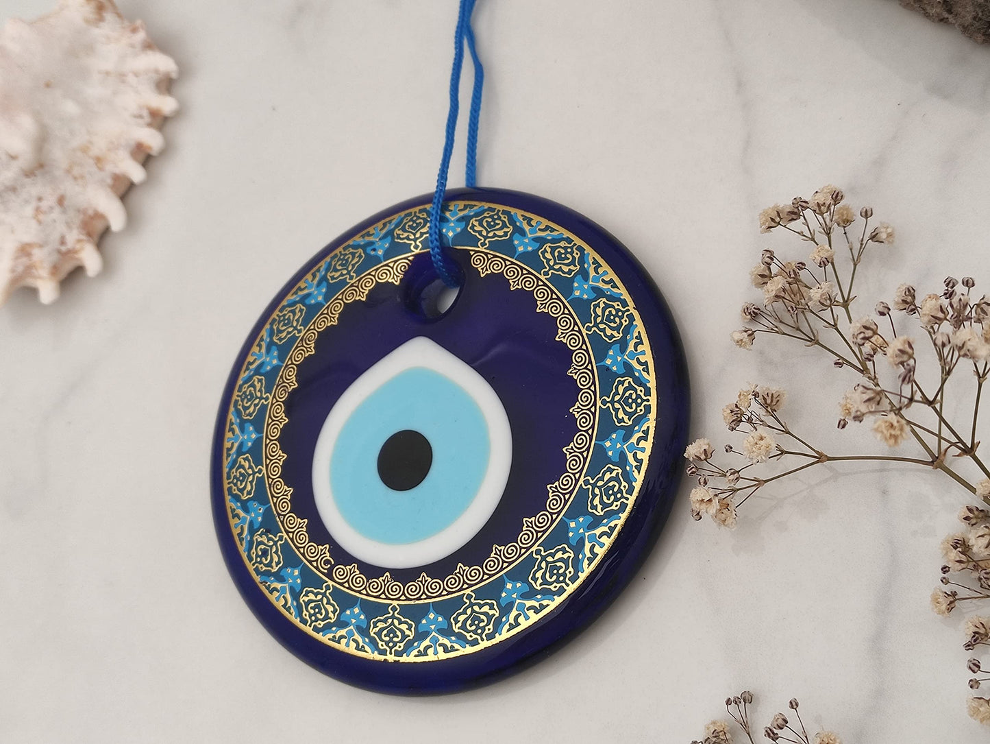 Erbulus 4.3" Glass Blue Evil Eye Wall Hanging Gold Patterned Ornament - Evil Eye Decor - Turkish Handmade Nazar Amulet - Home Protection Charm - Evil Eye Wall Decor