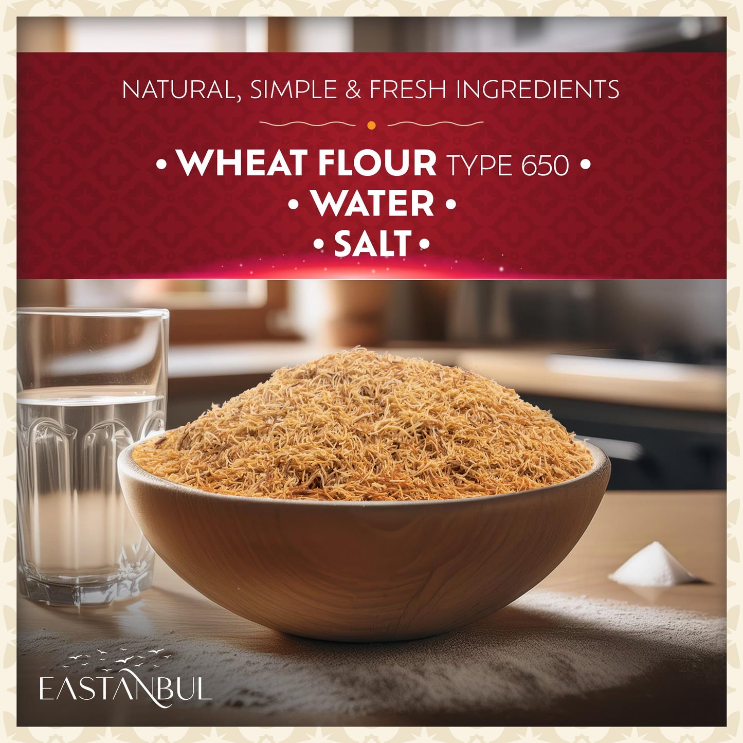Eastanbul Baked & Shedded Kataifi for Milk Pudding, Crushed Kataifi, Shredded Fillo Dough, Katifi Muhallebi Kadaifi Sprinkles Katafi Topping, Kadayif Pastry Dough for Dubai Chocolate, 250g (8.8oz)