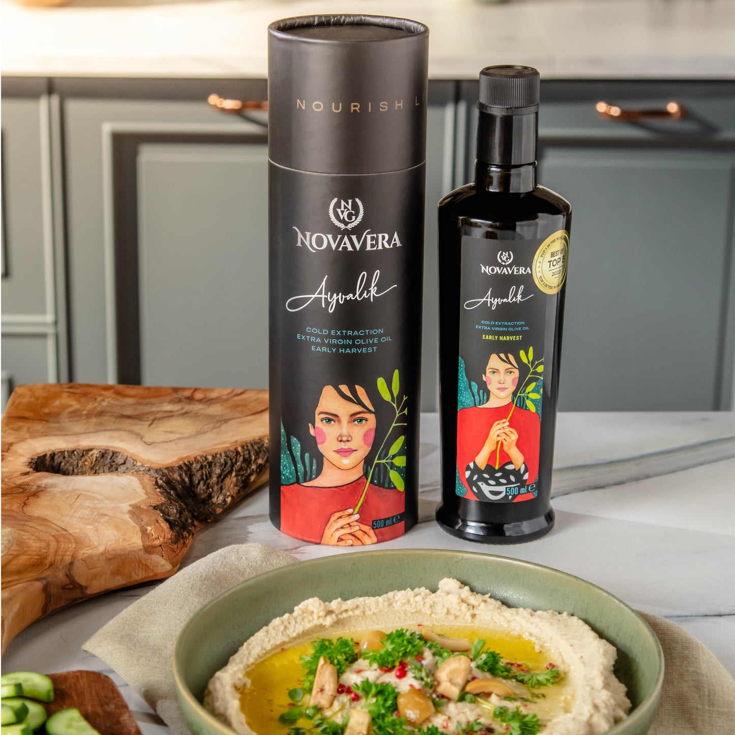 NVG NOVAVERA Ayvalik High Polyphenol Rich Olive Oill, Delicate & Fruity With Fresh Notes of Green Apple, Evoo World Ranking Top 5, Low Acidity, Early Harvest, Cold Pressed, 16.9 oz