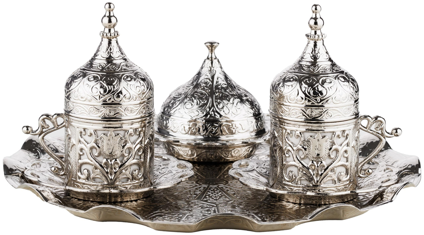 DEMMEX Turkish Greek Arabic Coffee Making and Serving Full Set with Cups, Saucers, Lids, Sugar Bowl, Tray and Antiqued Copper Coffee Pot, 12 Pcs (Silver)