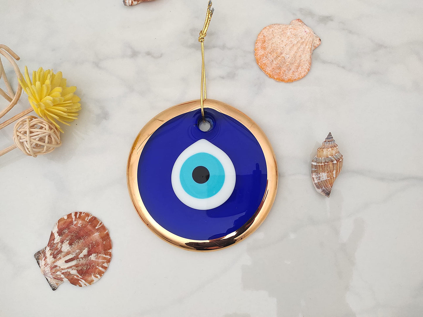 Erbulus 3.5" Glass Blue Evil Eye Wall Hanging Gold Ornament - Turkish Nazar Bead - Home Protection Charm - Gold Wall Decor Amulet in a Box (Medium)