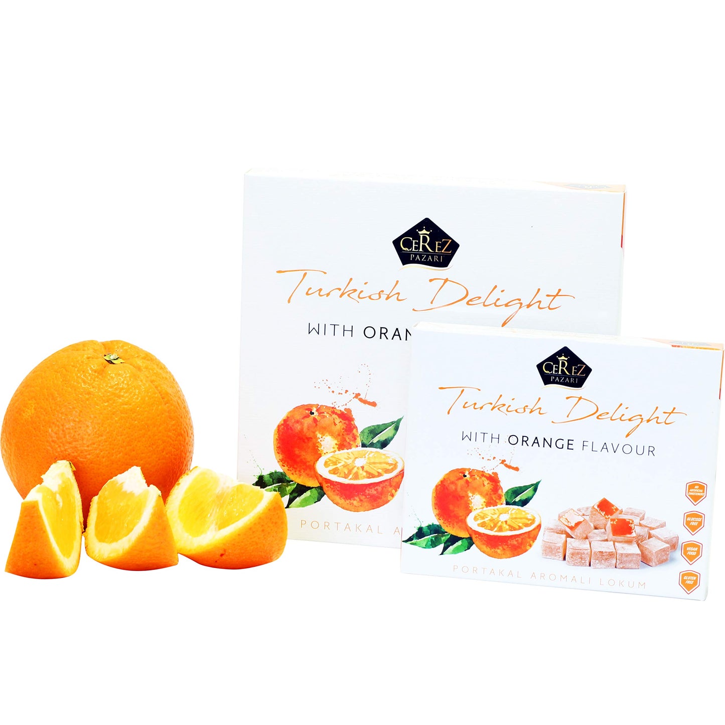 Cerez Pazari Turkish Delight Orange Flavor, Gourmet Small Size Snacks Gift Box, Sweet Traditional Confectionery, Vegan Soft Candy Dessert Loukoumi, Nut & Glucose-Free Lokum, Approx. 40 Pcs, 8.1 oz.