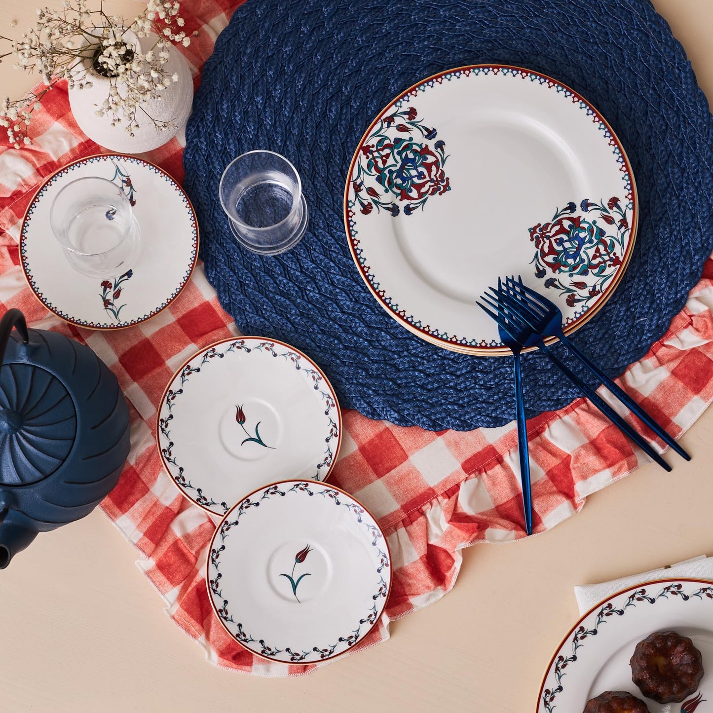 Karaca Nakkas Turkish Teacups & Appetizer Plate Set for 6 People - Colorful Dessert Plates (7.4"), Small Turkish Tea Glasses with Saucers - 18 Piece Glass Tea Cups & Porcelain Dish Set