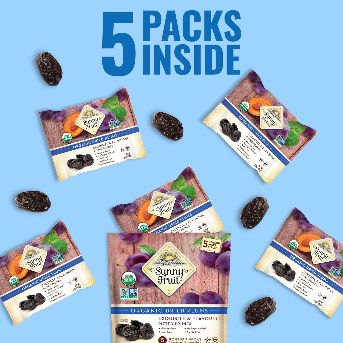 Sunny Fruit Soft Organic Prunes - 6 Bags (30 Individual Portion Packs) | Healthy, Convenient Dried Plums Snack Packs | ORGANIC, NON-GMO, VEGAN, HALAL, KOSHER, NO PRESERVATIVES, NO SUGAR ADDED