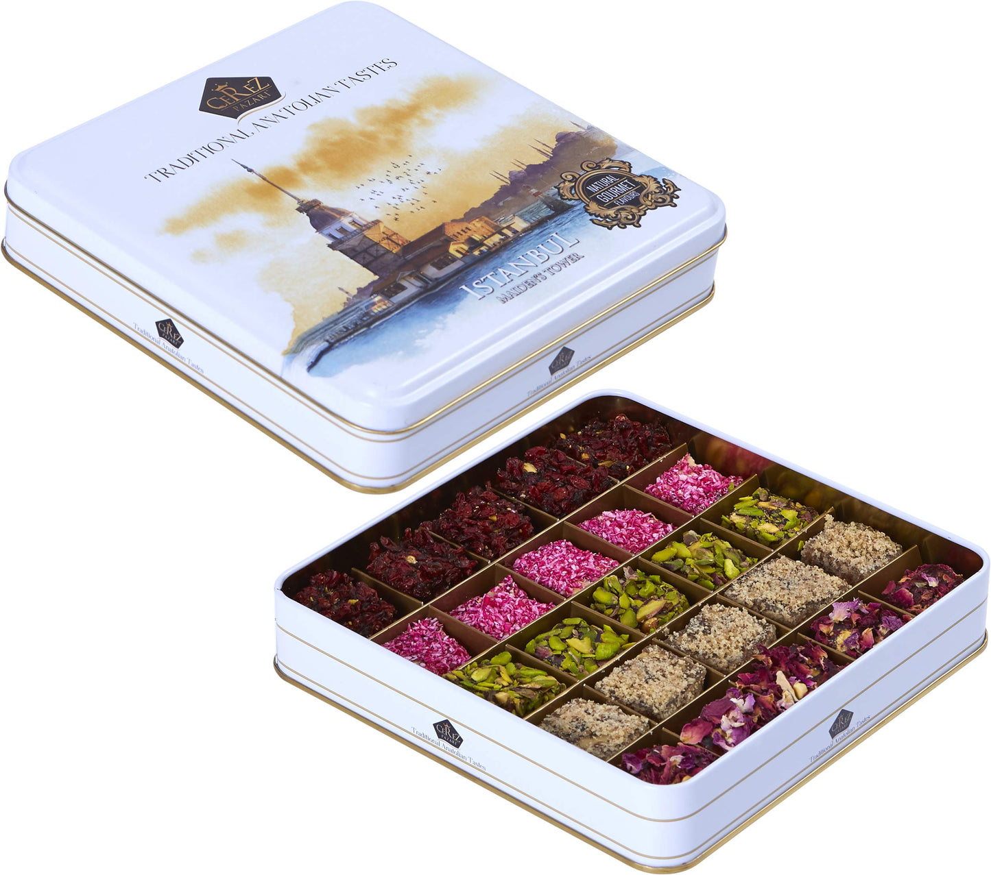 Cerez Pazari Turkish Delight In 4 Flavours, With Pistachio, Hazelnut & Walnut, Assorted Gourmet Lokum In Elegant Tin Gift Box, Sweet Traditional Soft Candy Dessert 25 Pcs, 1.1 lb (500g)