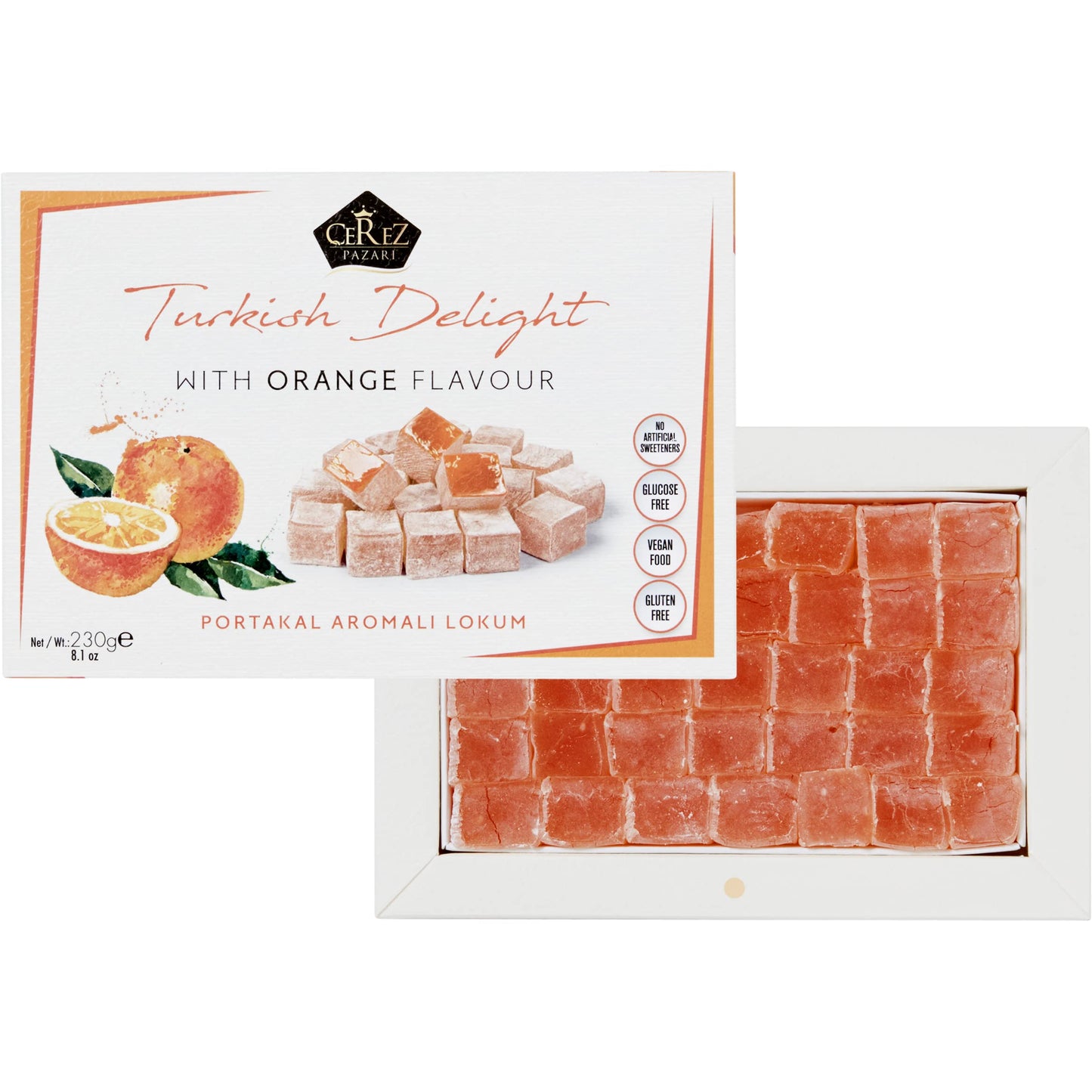 Cerez Pazari Turkish Delight Orange Flavor, Gourmet Small Size Snacks Gift Box, Sweet Traditional Confectionery, Vegan Soft Candy Dessert Loukoumi, Nut & Glucose-Free Lokum, Approx. 40 Pcs, 8.1 oz.