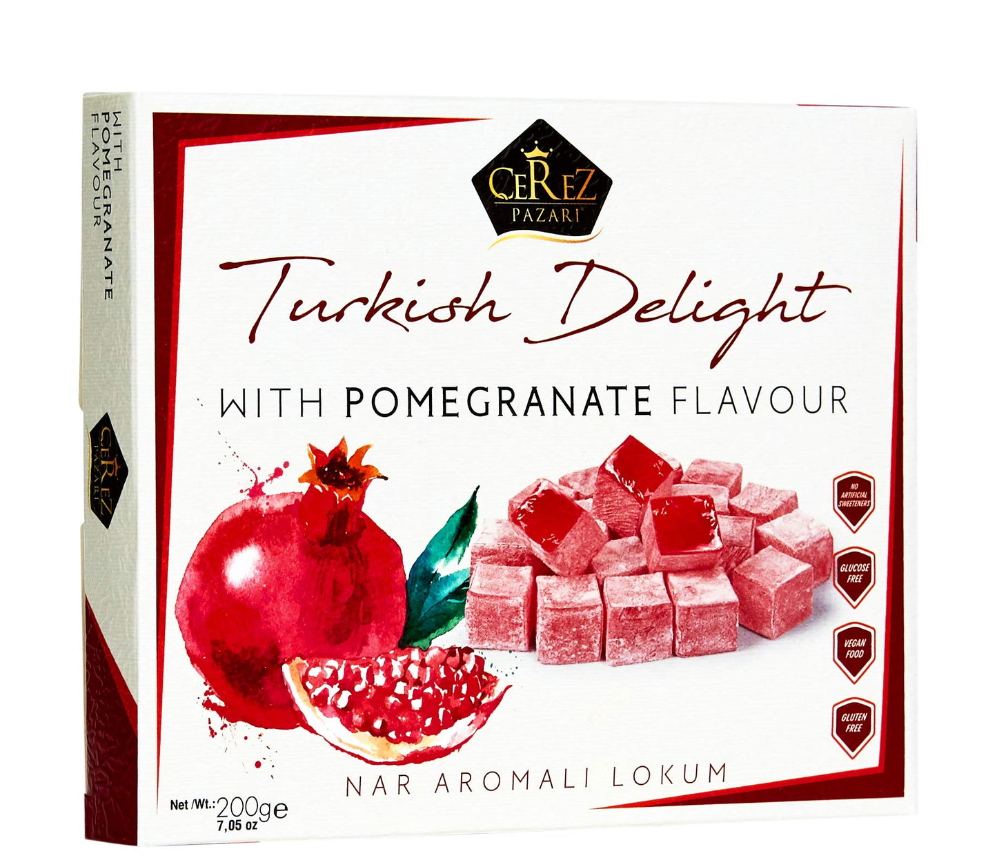 Cerez Pazari Turkish Delight with Pomegranate Flavour 200 gr Gourmet Small Size Snacks Gift Box No Nuts Sweet Luxury Traditional Confectionery Vegan Candy Dessert Glucose Free Lokum Approx.18 Pcs