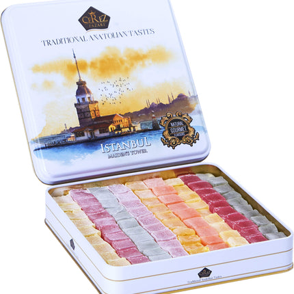 Cerez Pazari Turkish Delight Candy Gift Basket, Lokum Dessert Gourmet, Christmas Holiday Corporate Food Gifts In Elegant Tin Box, With 6 Unique Flavors, 1.6 lbs
