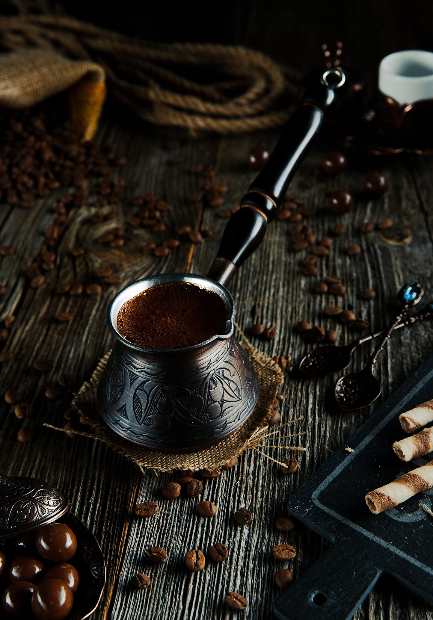 DEMMEX Thickest Engraved Solid Copper Turkish Coffee Pot – Stovetop Greek, Arabic Coffee Maker, Cezve, Ibrik, Briki – Wooden Handle & Spoon - Handmade in Turkey (Antique Copper, 9 fl Oz (3ppl))