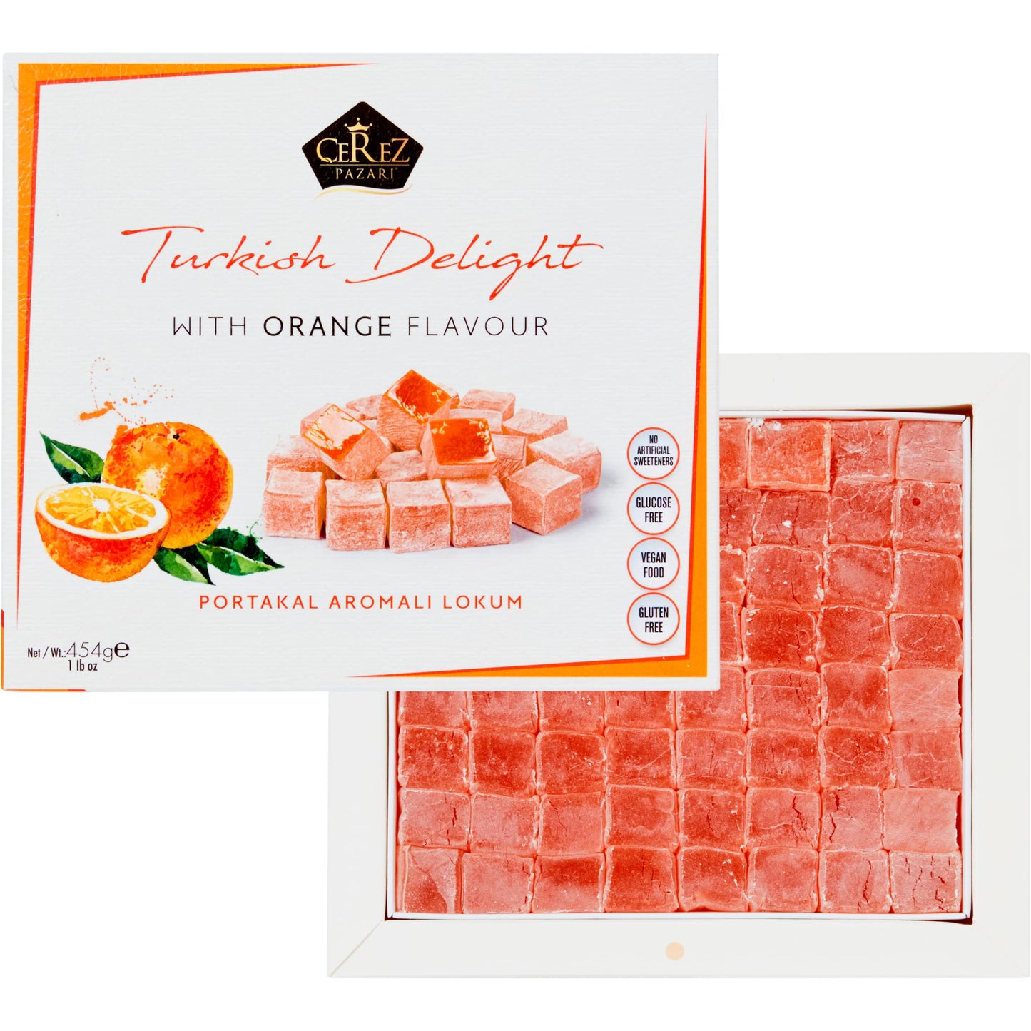 Cerez Pazari Turkish Delight with Orange Flavor 454 gr Gourmet Medium Size Snacks Gift Box | No Nuts Sweet Luxury Traditional Confectionery Vegan Soft Candy Dessert Glucose Free Lokum Approx.42 Pcs