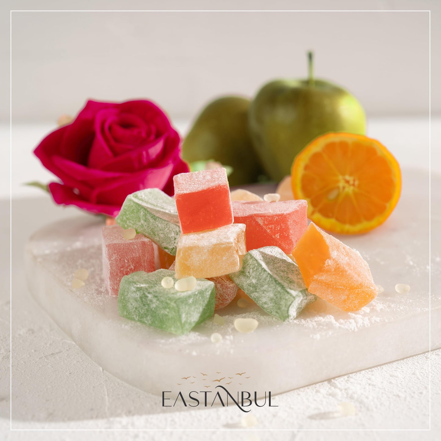 Eastanbul Turkish Delight, 10.5oz, Turkish Delights Candy Assorted, Rose, Orange, Apple, Mastic Flavor, International Candy, Lokum, Plain, Gluten Free, No Synthetic Ingredient, Vegan