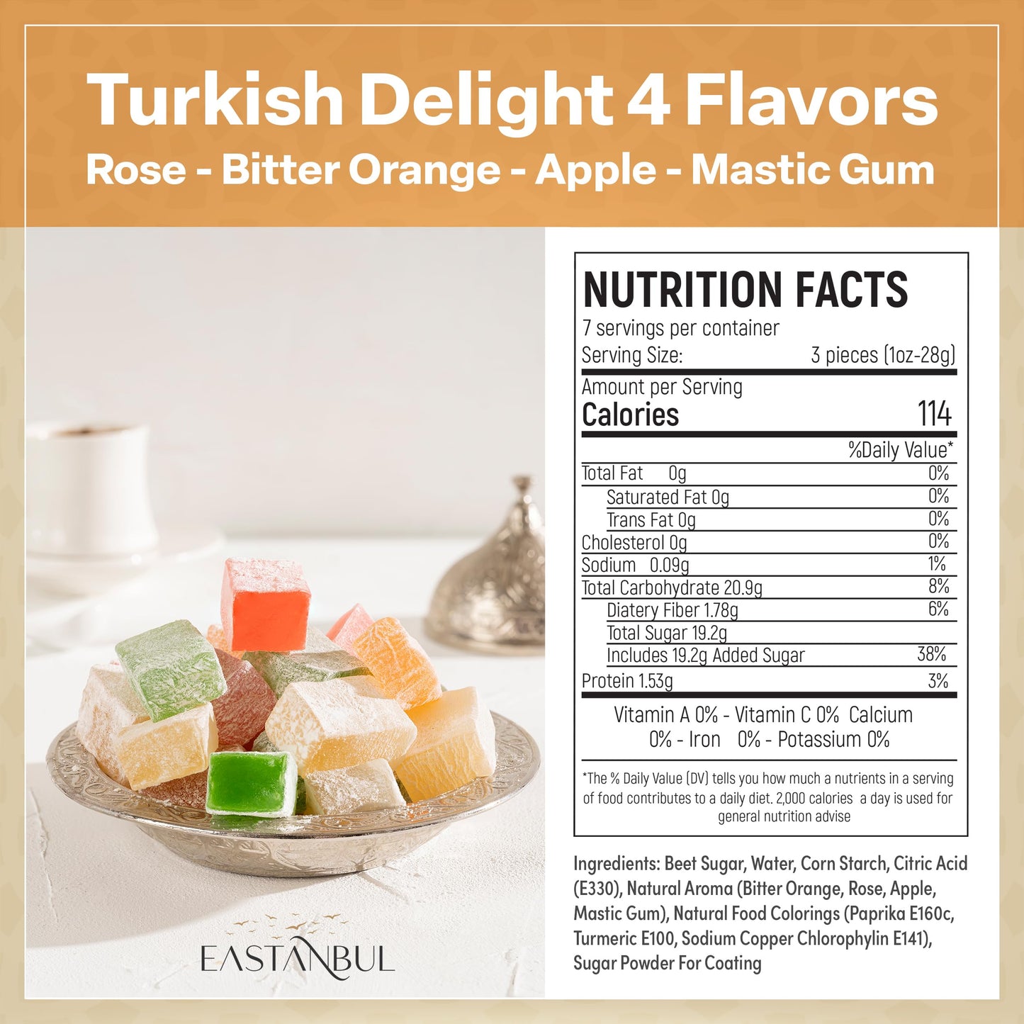 Eastanbul Turkish Delight, 10.5oz, Turkish Delights Candy Assorted, Rose, Orange, Apple, Mastic Flavor, International Candy, Lokum, Plain, Gluten Free, No Synthetic Ingredient, Vegan