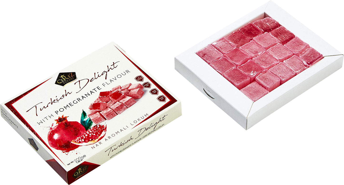 Cerez Pazari Turkish Delight with Pomegranate Flavour 200 gr Gourmet Small Size Snacks Gift Box No Nuts Sweet Luxury Traditional Confectionery Vegan Candy Dessert Glucose Free Lokum Approx.18 Pcs