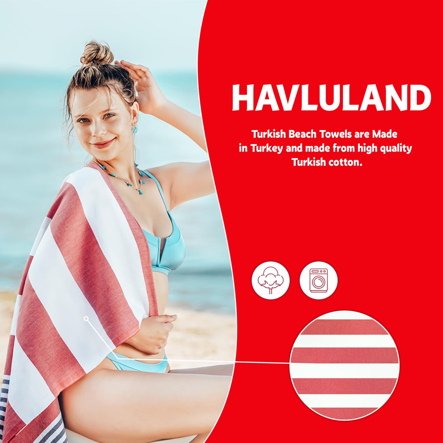 HAVLULAND 4-Pack Turkish Beach Towels – Oversized, Quick-Dry & Sand-Free | Lightweight, Absorbent Bath Towels for Travel, Pool, Vacation & Beach | 40” x 72” Bulk Set