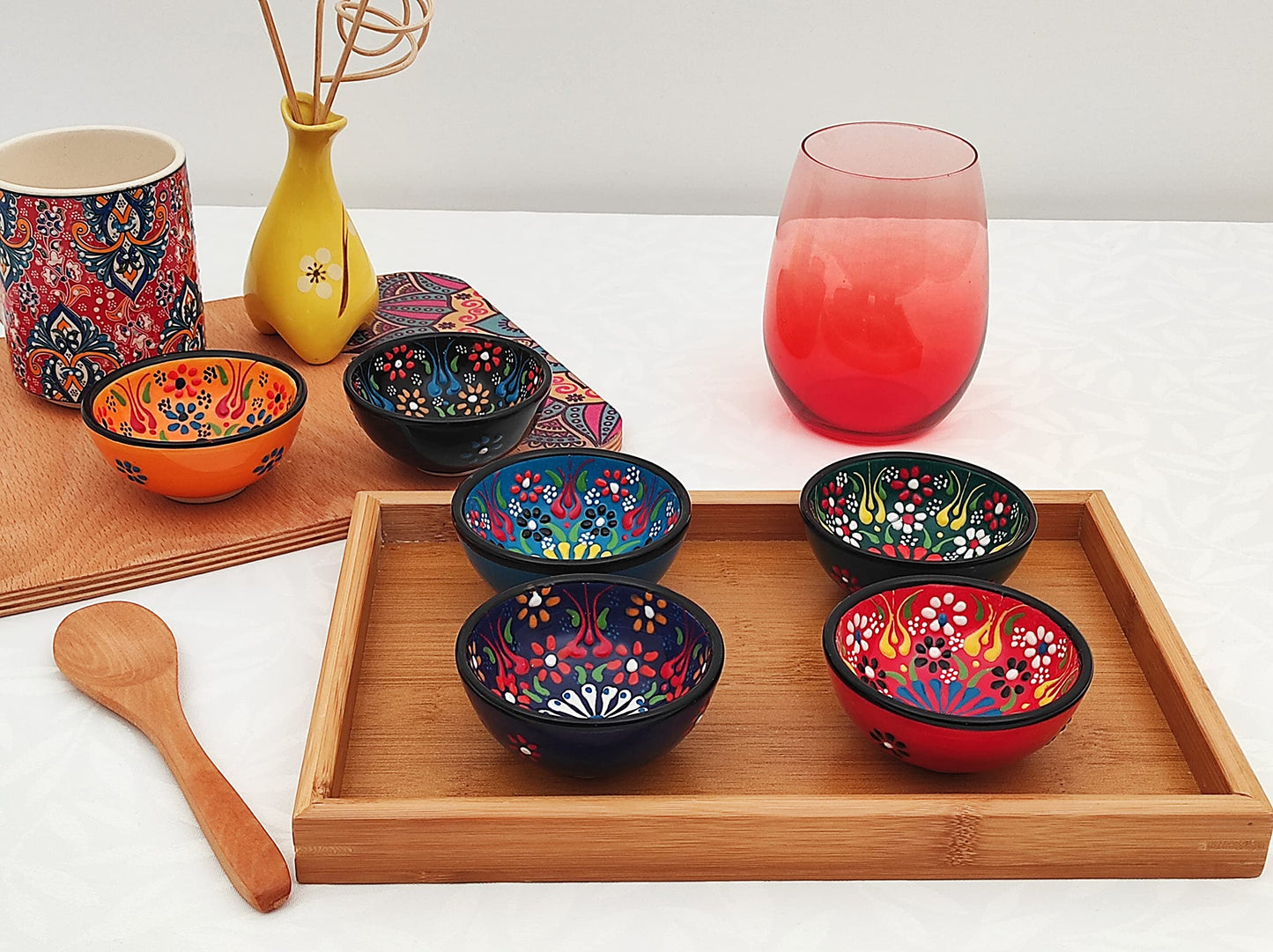 Ayennur Decorative Turkish Ceramic Bowl Set of 6 Serving-Handcrafted(3.14''- 8cm) 2.5oz Pinch sauce Multicolor Dipping Finger Small Serving Charcuterie Bowls(Multi 5)