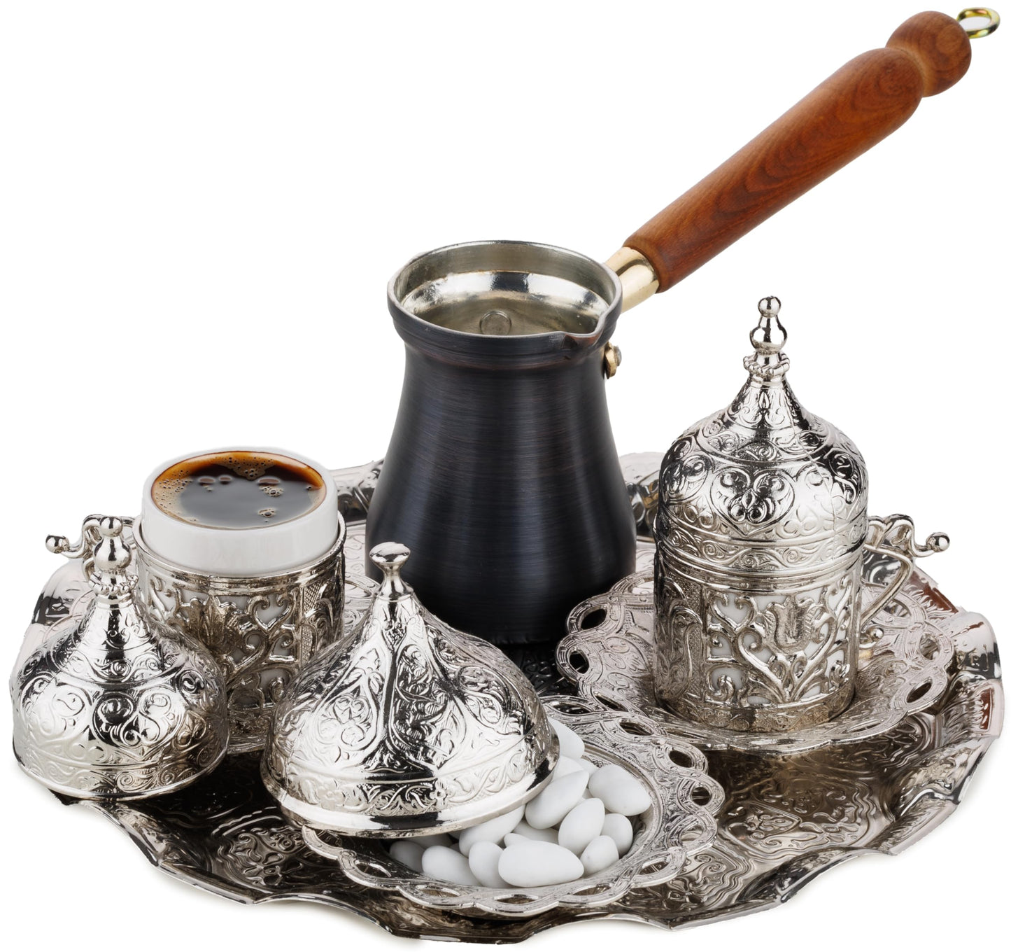 DEMMEX Turkish Greek Arabic Coffee Making and Serving Full Set with Cups, Saucers, Lids, Sugar Bowl, Tray and Antiqued Copper Coffee Pot, 12 Pcs (Silver)