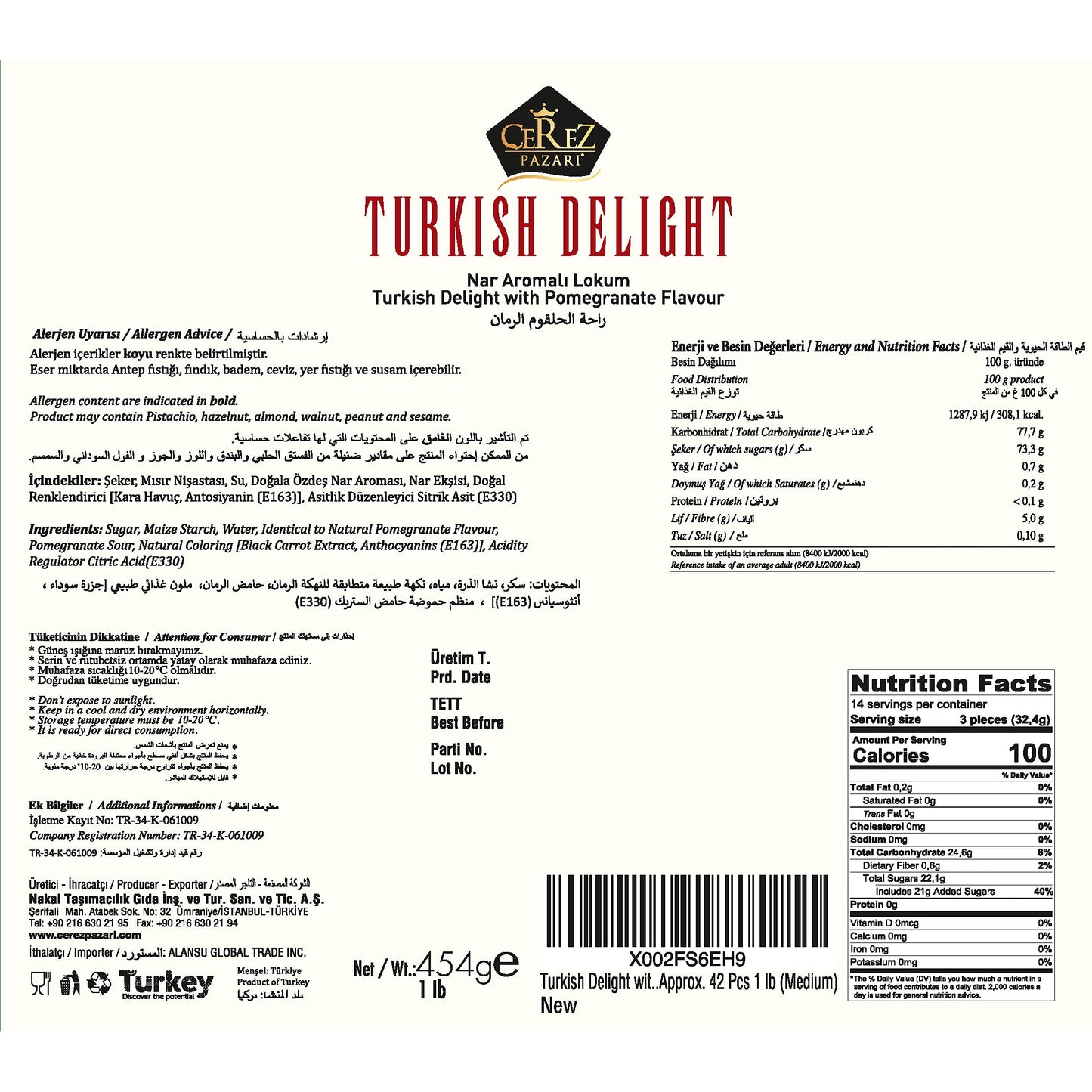 Turkish Delight Pomegranate Flavor, Gourmet Medium Size Snacks Gift Box, Sweet Luxury Traditional Confectionery, Vegan Soft Candy Dessert Loukoumi, Nuts & Glucose-Free Lokum, Approx. 42 Pcs, 16 oz.