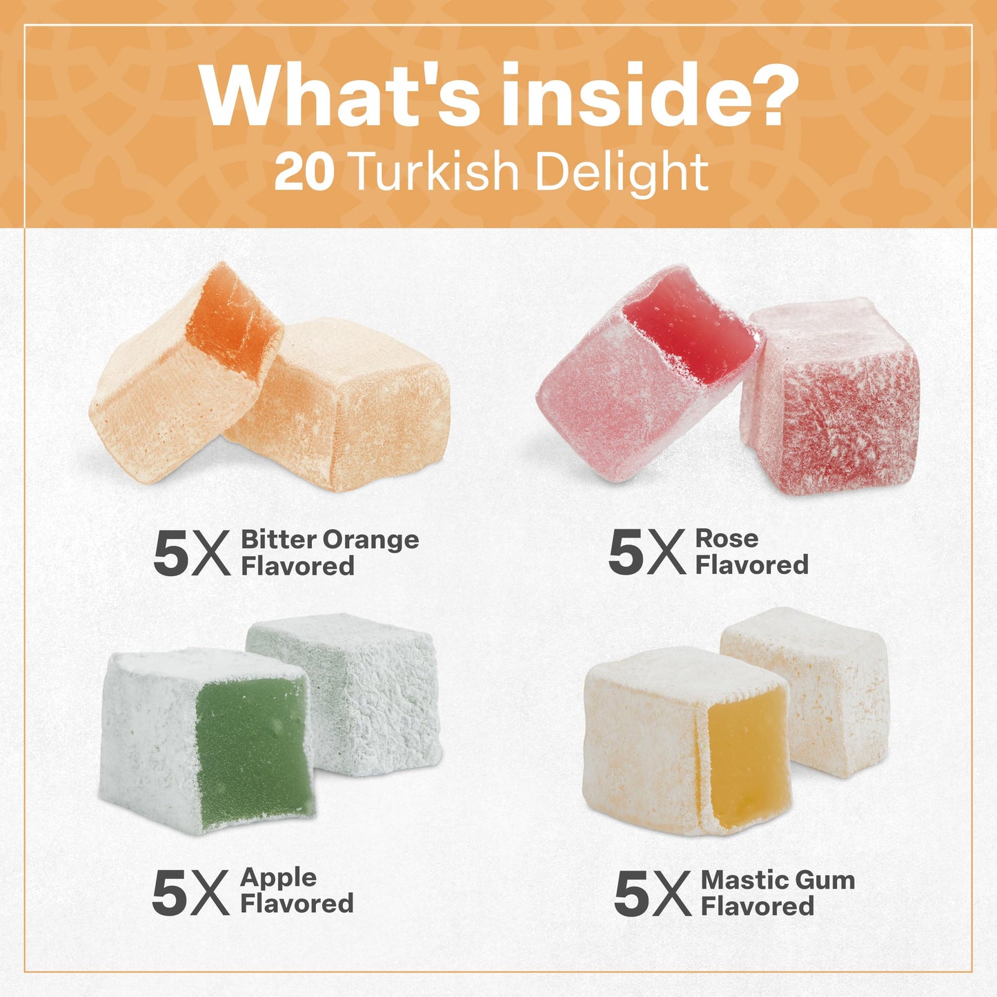 Eastanbul Turkish Delight, 10.5oz, Turkish Delights Candy Assorted, Rose, Orange, Apple, Mastic Flavor, International Candy, Lokum, Plain, Gluten Free, No Synthetic Ingredient, Vegan