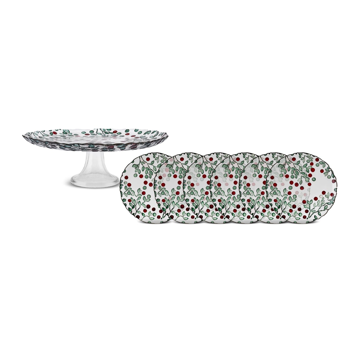 KARACA Berry 11" Cake Stand and Dessert Plates Set for 6 People - Glass, Round & Berry Pattern - Large Side Plates for Tea Party - Ideal for Serving Cupcakes, Donuts, and More (7 Pieces)