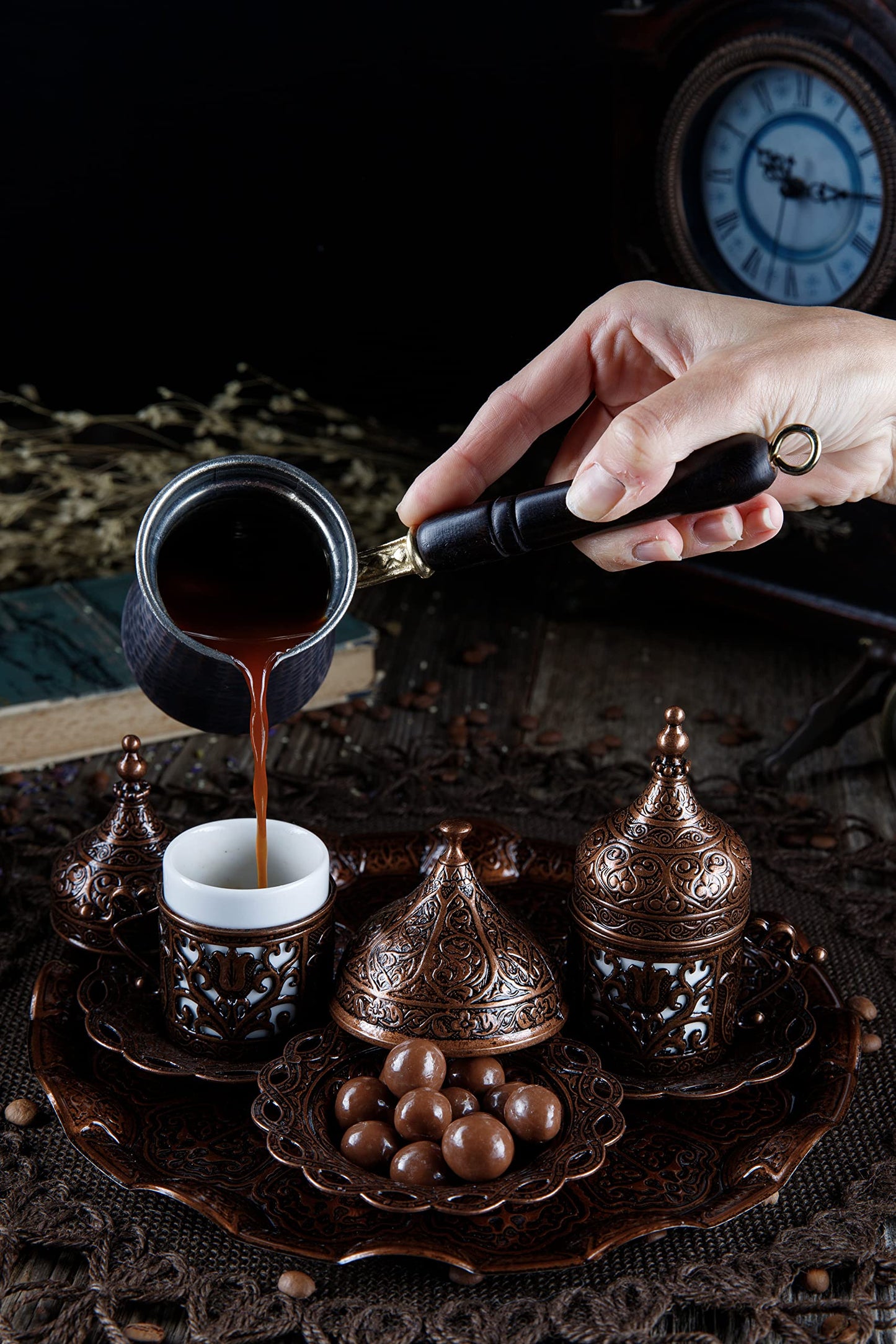 DEMMEX Turkish Greek Arabic Coffee Making and Serving Full Set with Cups, Saucers, Lids, Sugar Bowl, Tray and Antiqued Copper Coffee Pot, 12 Pcs (Chocolate)