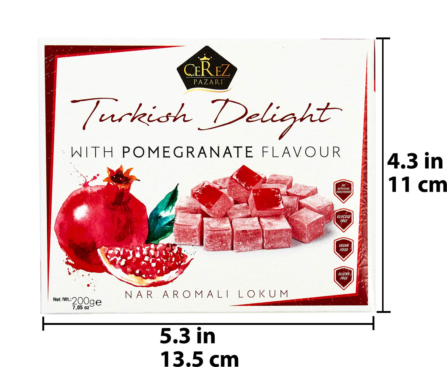 Cerez Pazari Turkish Delight with Pomegranate Flavour 200 gr Gourmet Small Size Snacks Gift Box No Nuts Sweet Luxury Traditional Confectionery Vegan Candy Dessert Glucose Free Lokum Approx.18 Pcs