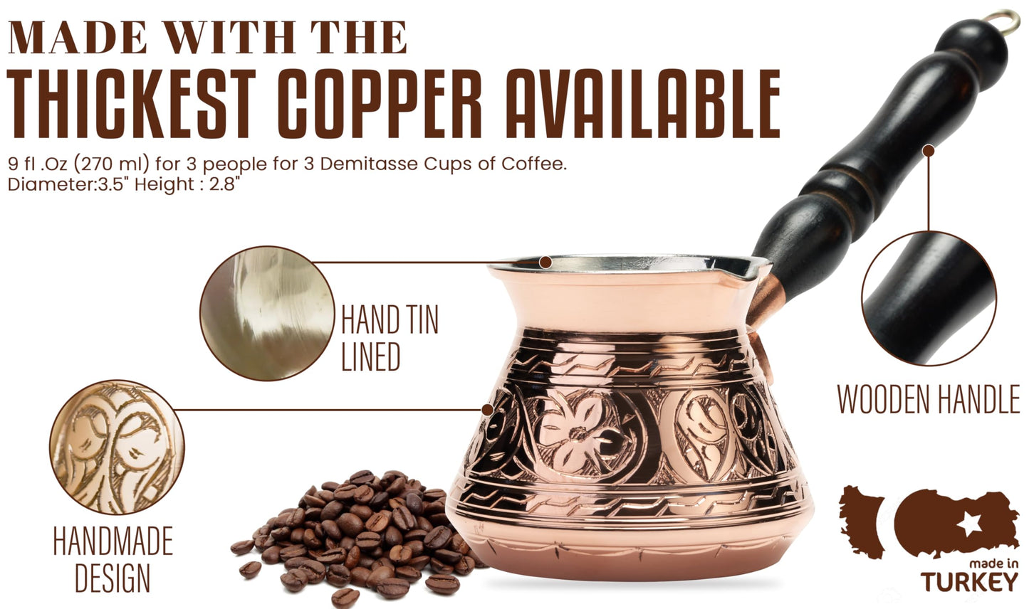 DEMMEX Thickest Copper Turkish Greek Arabic Coffee Pot, Stovetop Coffee Maker, Cezve Ibrik Briki with Wooden Handle & Spoon, Hand Engraved (Copper, 9 fl Oz-3 ppl)