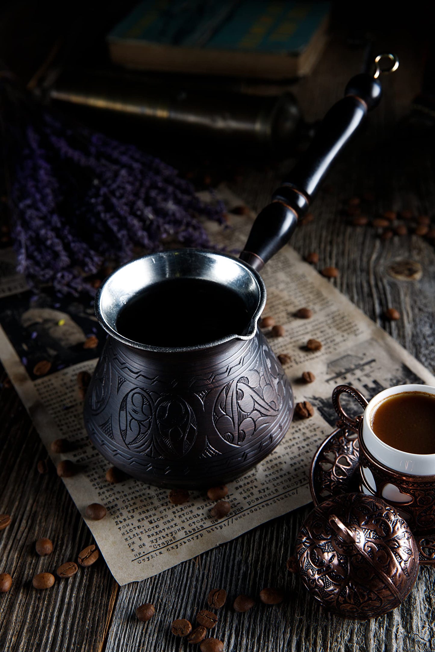DEMMEX Thickest Copper Turkish Greek Arabic Coffee Pot, Stovetop Coffee Maker, Cezve Ibrik Briki with Wooden Handle & Wooden Spoon, Hand Engraved (Antique Copper, 15 fl Oz)