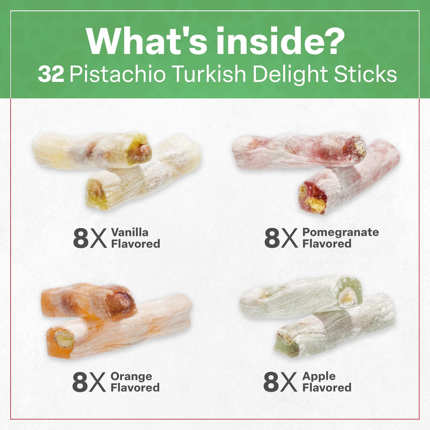 Eastanbul Turkish Delight, 8.8oz, Turkish Delights Candy Sticks Pistachio Filled w/ 4 Flavors: Apple, Orange, Pomegranate, Vanilla, International Candy, Wick Lokum, Vegan Gift