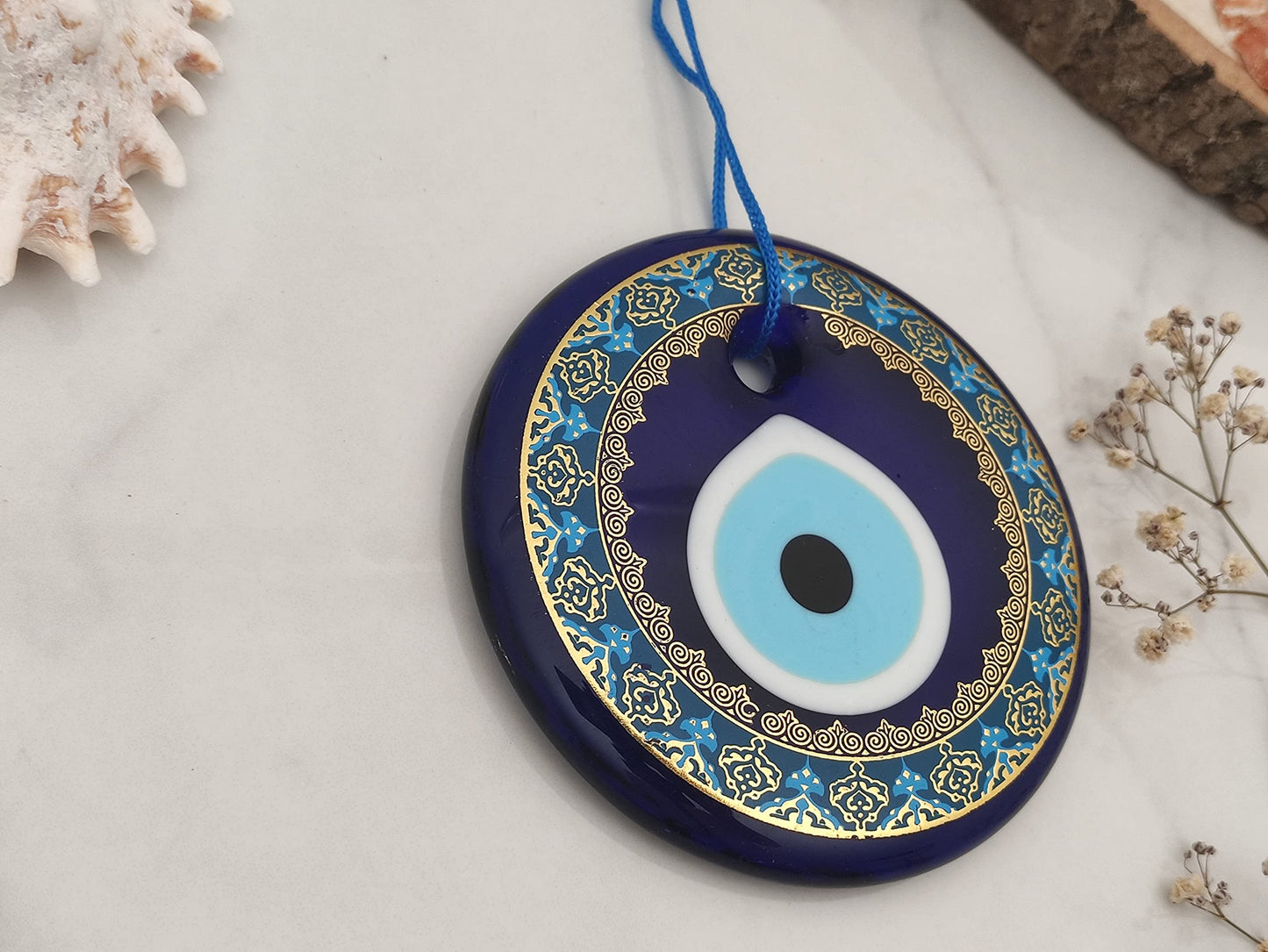 Erbulus 4.3" Glass Blue Evil Eye Wall Hanging Gold Patterned Ornament - Evil Eye Decor - Turkish Handmade Nazar Amulet - Home Protection Charm - Evil Eye Wall Decor