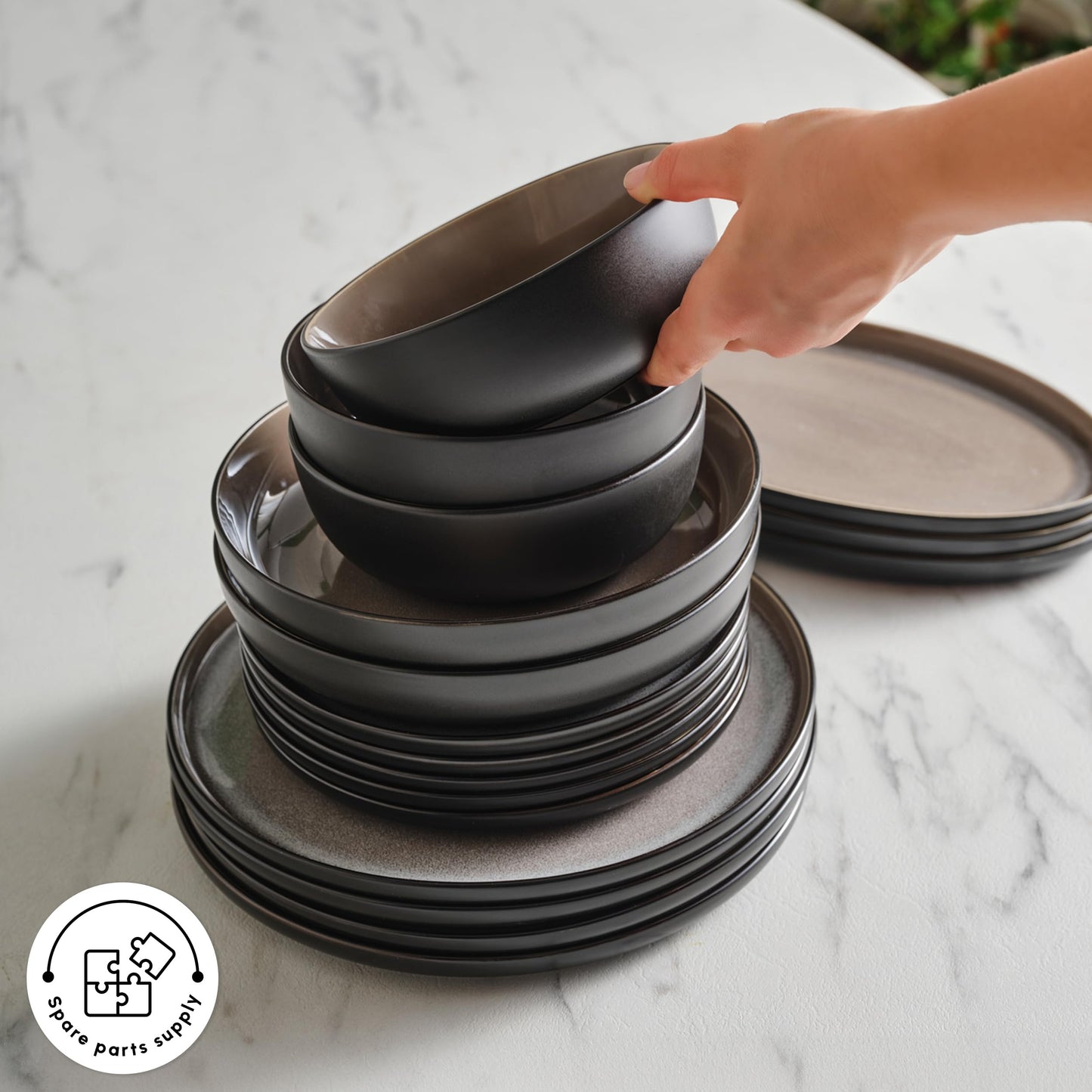 Karaca Mercure Stoneware Plates and Bowls Set, Reactive Glaze Black Dinner Set, Complete Kitchen Tableware Collection, Ideal Dinnerware for 12 People Dining Experience, Dishwasher Safe, 59 Piece