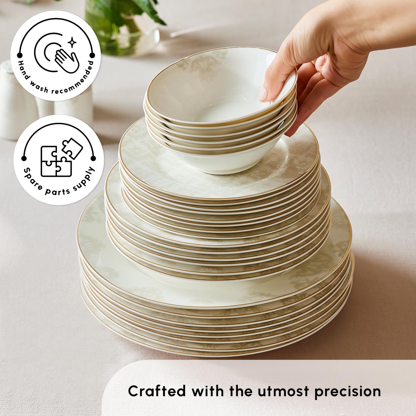 Karaca Siena Porcelain Plates and Bowls Set with Dinner & Dessert Plates, Salt & Pepper Shakers - Bone China Dishware Sets - Kitchen Dinnerware Set for 12 People (53-Piece, White Dish Set)